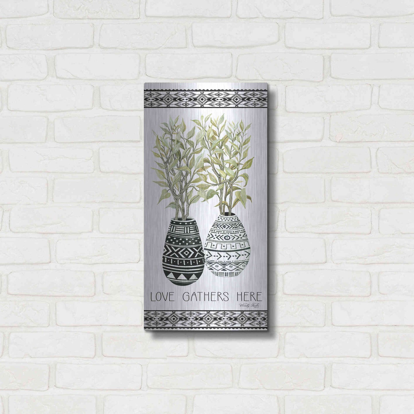 Luxe Metal Art 'Love Gathers Here Mud Cloth Vase' by Cindy Jacobs, Metal Wall Art,12x24