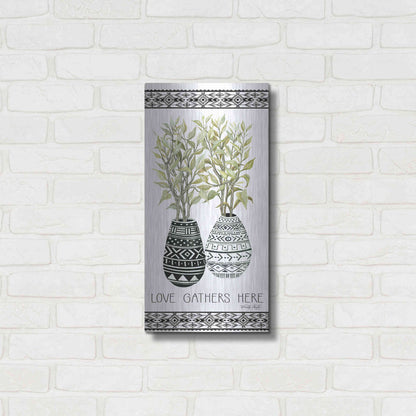 Luxe Metal Art 'Love Gathers Here Mud Cloth Vase' by Cindy Jacobs, Metal Wall Art,12x24