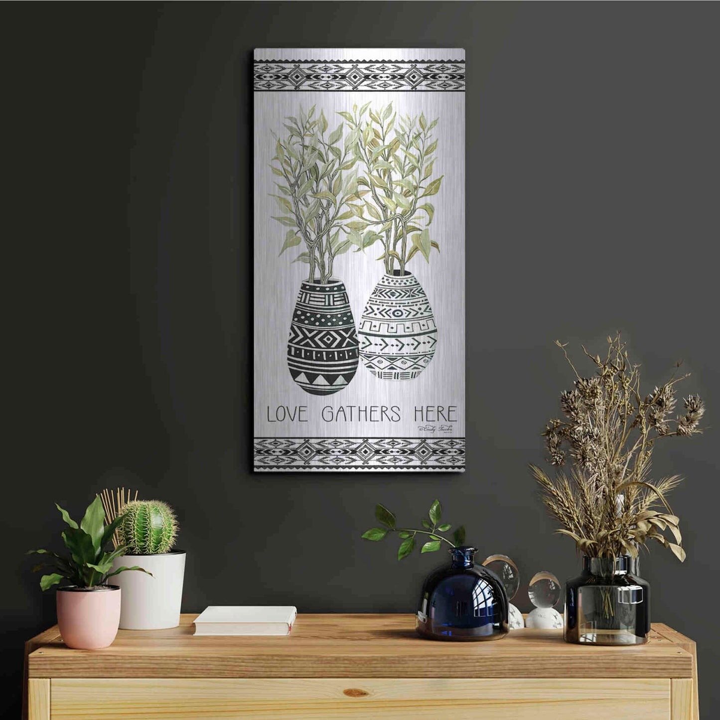 Luxe Metal Art 'Love Gathers Here Mud Cloth Vase' by Cindy Jacobs, Metal Wall Art,12x24