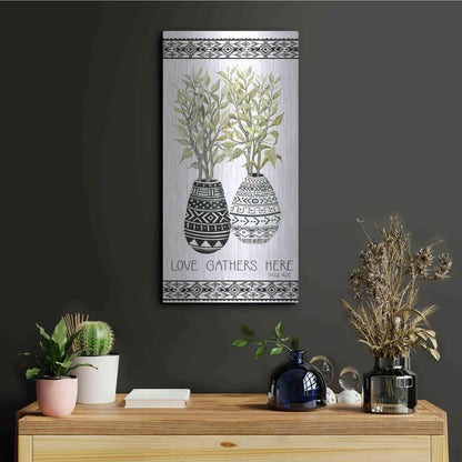 Luxe Metal Art 'Love Gathers Here Mud Cloth Vase' by Cindy Jacobs, Metal Wall Art,12x24