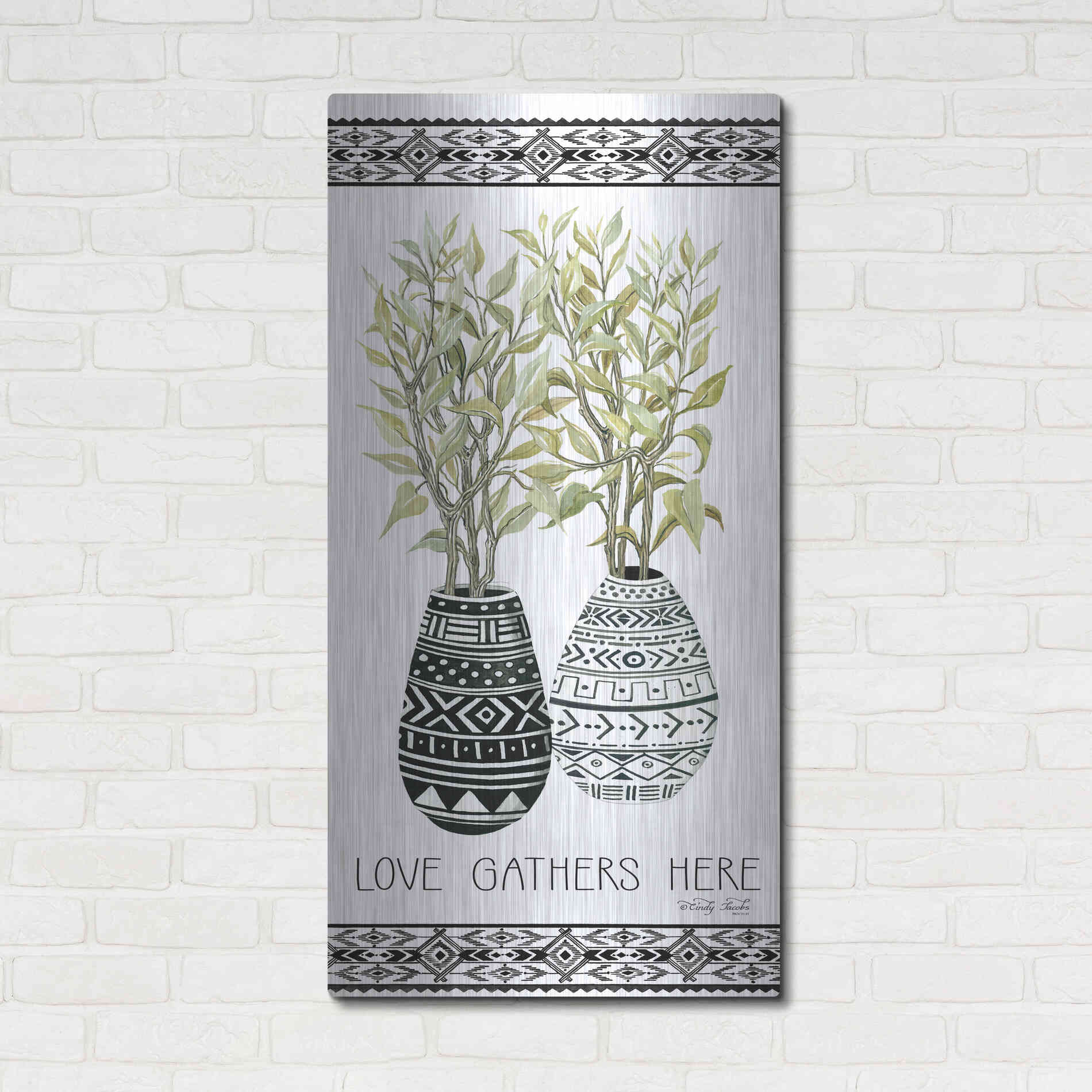 Luxe Metal Art 'Love Gathers Here Mud Cloth Vase' by Cindy Jacobs, Metal Wall Art,24x48