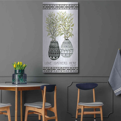 Luxe Metal Art 'Love Gathers Here Mud Cloth Vase' by Cindy Jacobs, Metal Wall Art,24x48