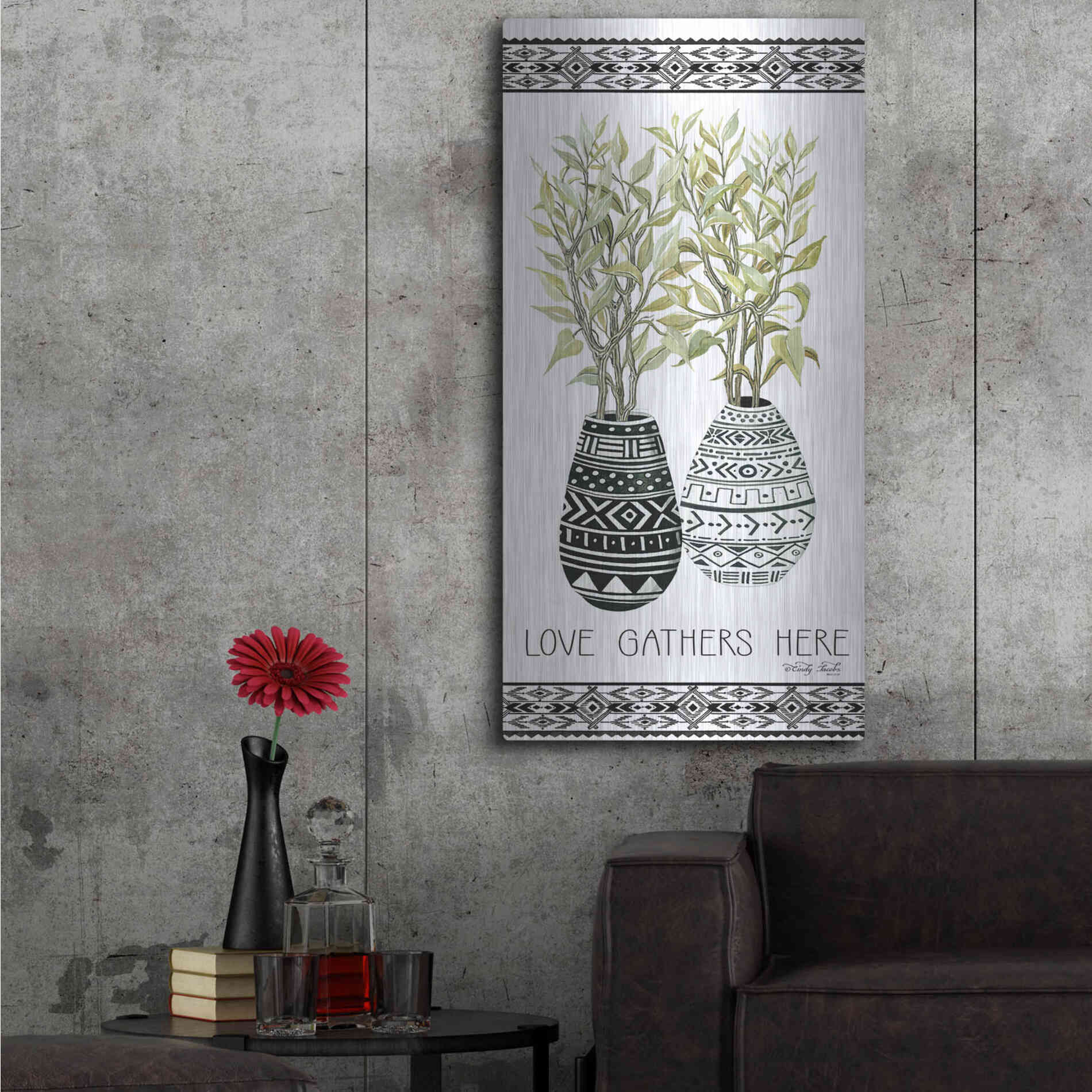 Luxe Metal Art 'Love Gathers Here Mud Cloth Vase' by Cindy Jacobs, Metal Wall Art,24x48