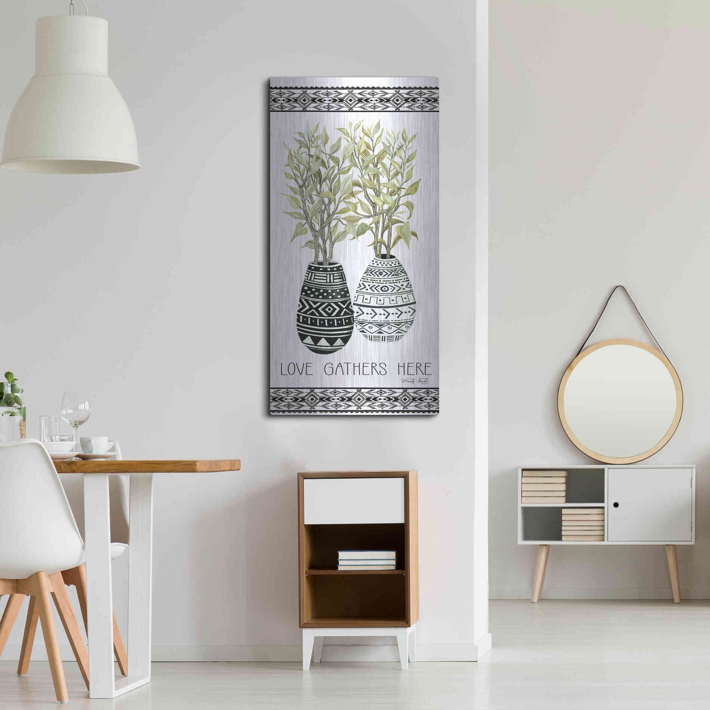 Luxe Metal Art 'Love Gathers Here Mud Cloth Vase' by Cindy Jacobs, Metal Wall Art,24x48