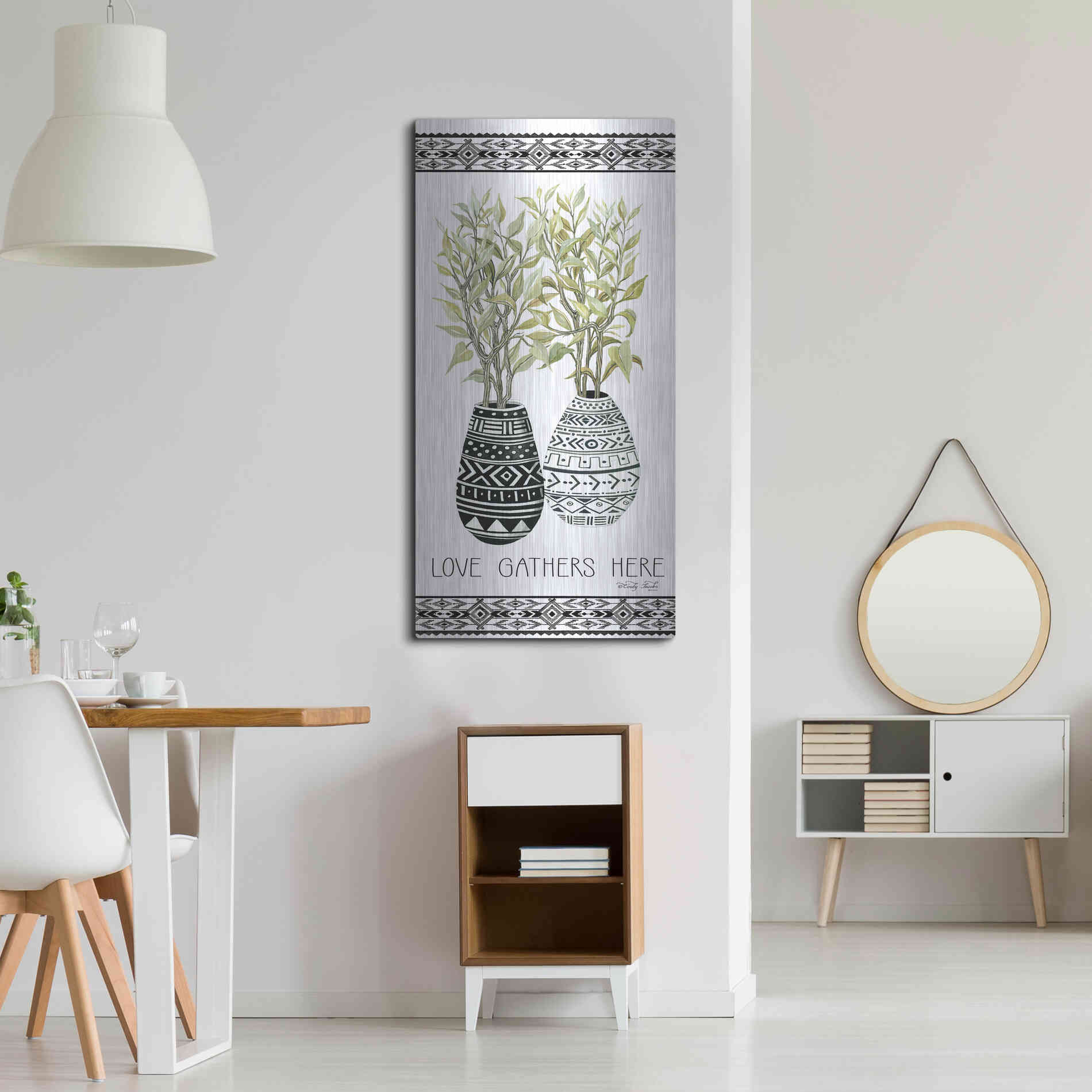 Luxe Metal Art 'Love Gathers Here Mud Cloth Vase' by Cindy Jacobs, Metal Wall Art,24x48