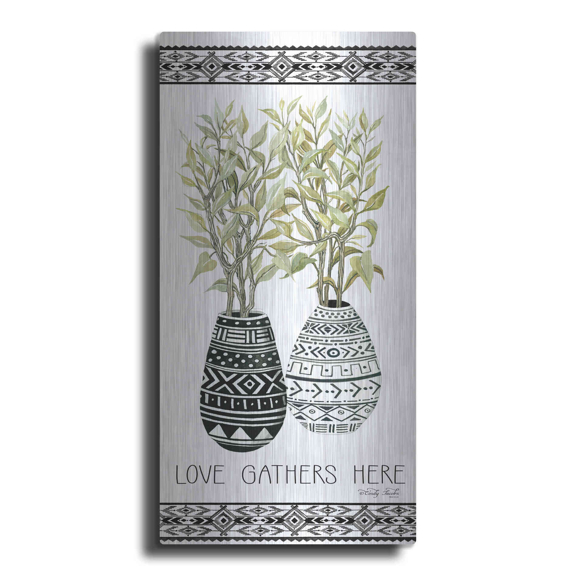 Luxe Metal Art 'Love Gathers Here Mud Cloth Vase' by Cindy Jacobs, Metal Wall Art