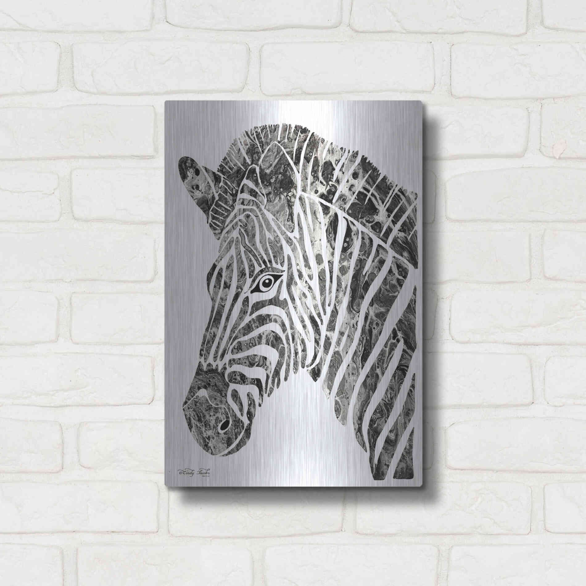 Luxe Metal Art 'Bright Zebra' by Cindy Jacobs, Metal Wall Art,12x16