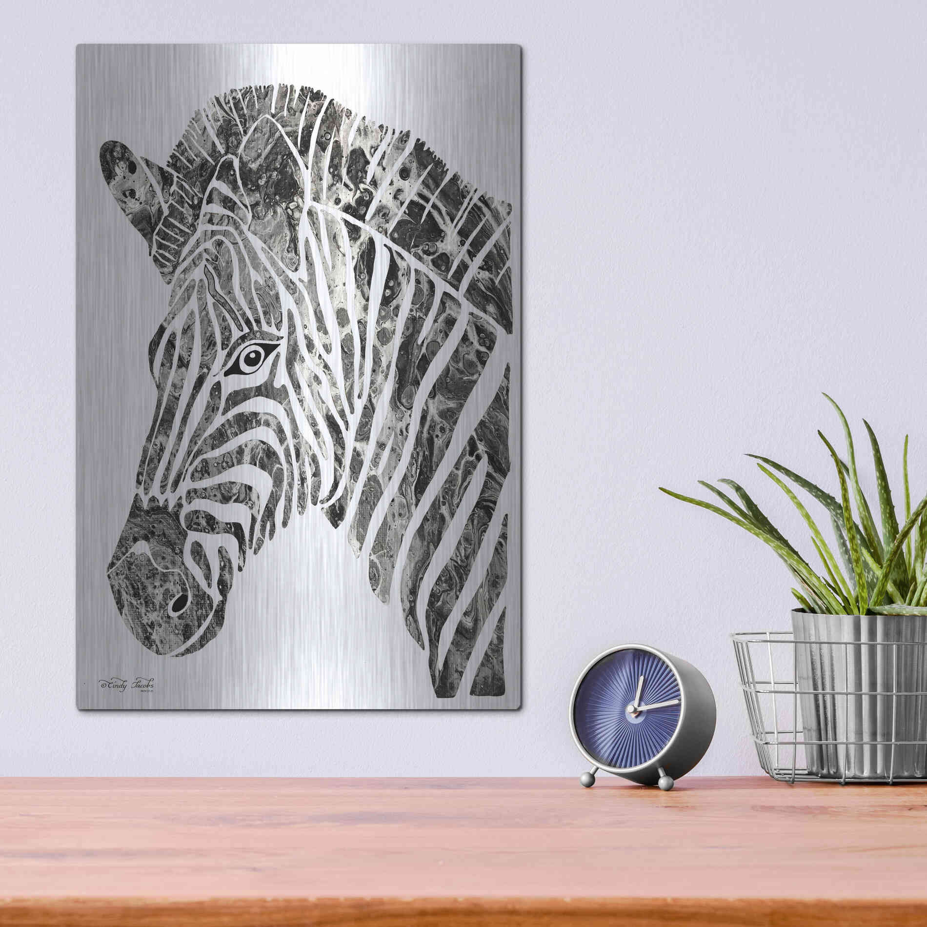 Luxe Metal Art 'Bright Zebra' by Cindy Jacobs, Metal Wall Art,12x16