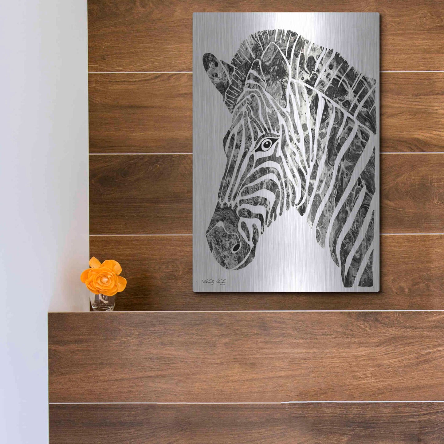 Luxe Metal Art 'Bright Zebra' by Cindy Jacobs, Metal Wall Art,12x16