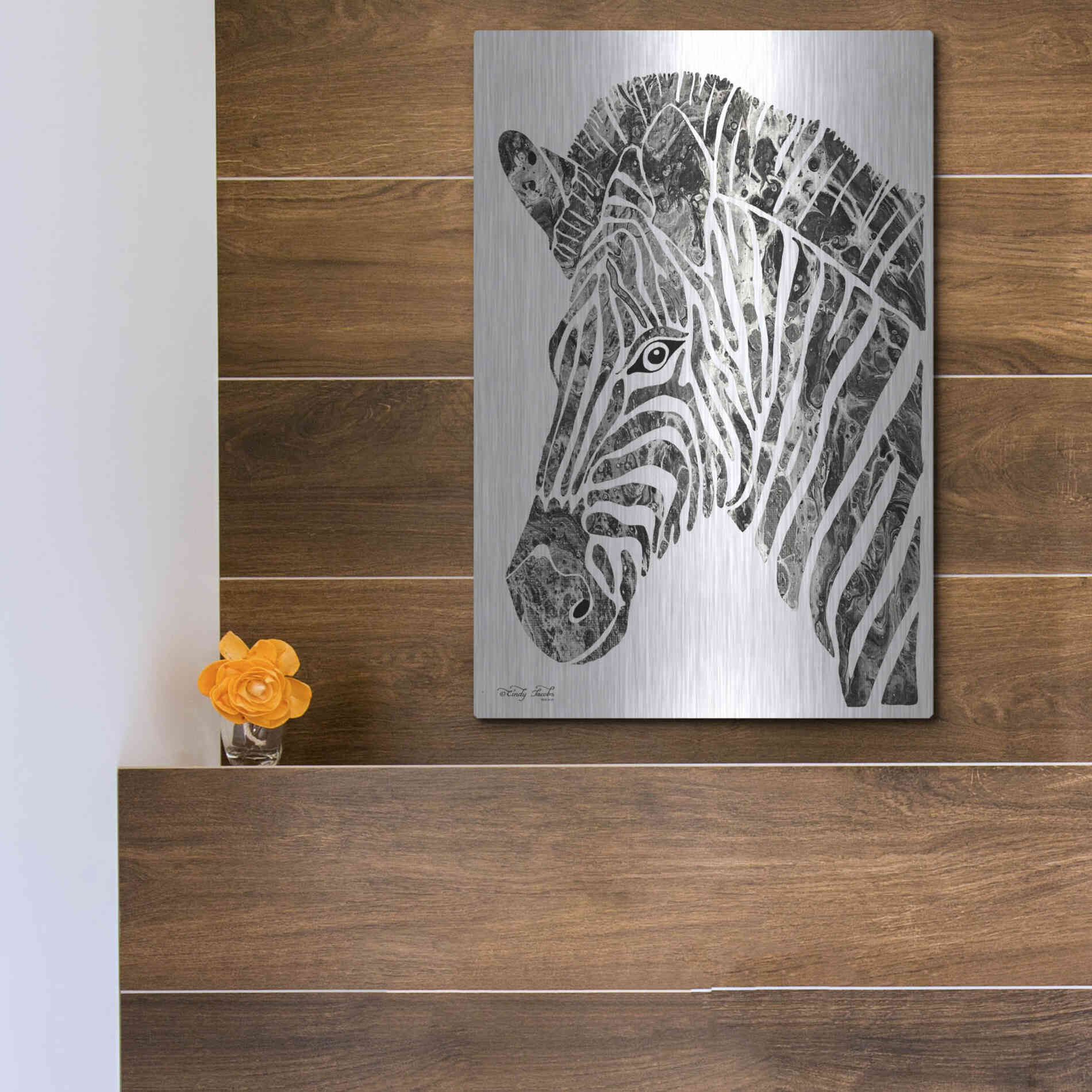 Luxe Metal Art 'Bright Zebra' by Cindy Jacobs, Metal Wall Art,12x16