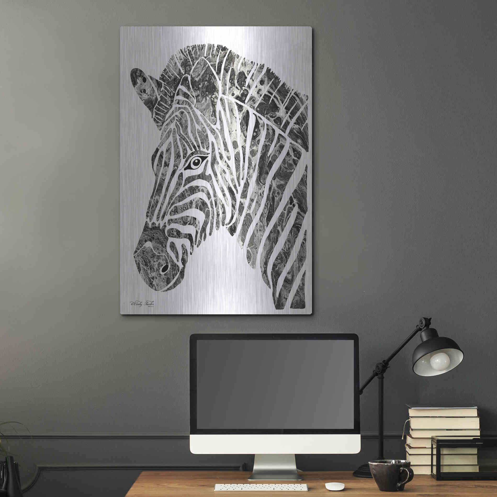 Luxe Metal Art 'Bright Zebra' by Cindy Jacobs, Metal Wall Art,24x36