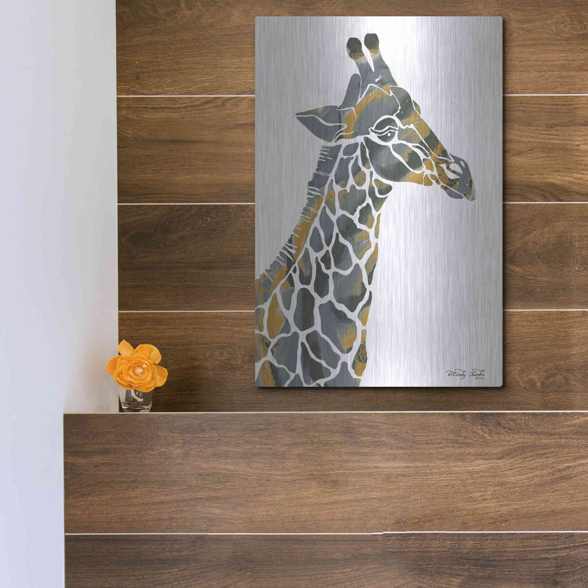 Luxe Metal Art 'Bright Giraffe I' by Cindy Jacobs, Metal Wall Art,12x16