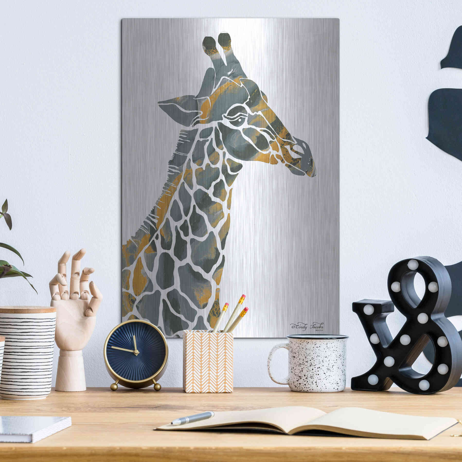 Luxe Metal Art 'Bright Giraffe I' by Cindy Jacobs, Metal Wall Art,12x16