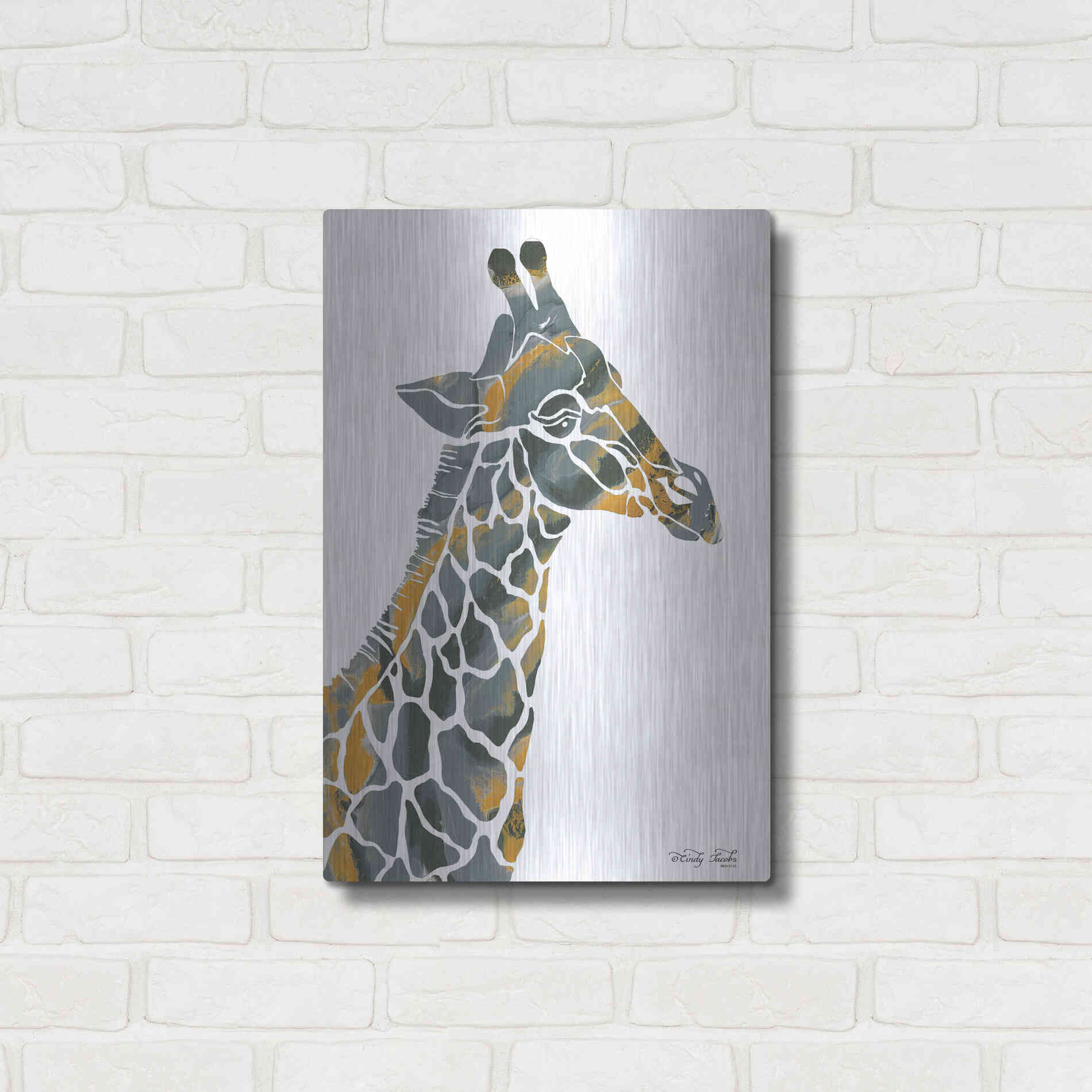 Luxe Metal Art 'Bright Giraffe I' by Cindy Jacobs, Metal Wall Art,16x24
