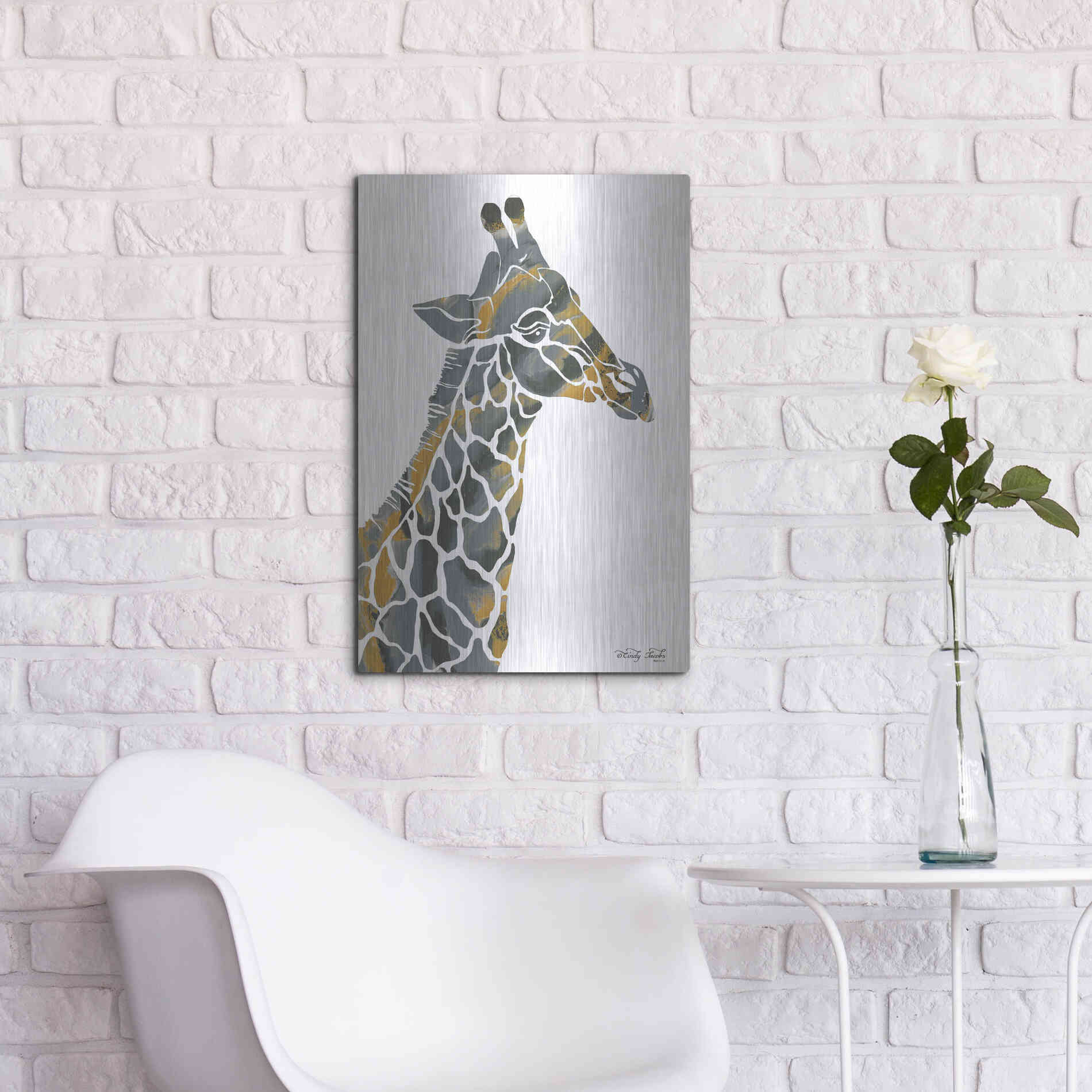Luxe Metal Art 'Bright Giraffe I' by Cindy Jacobs, Metal Wall Art,16x24