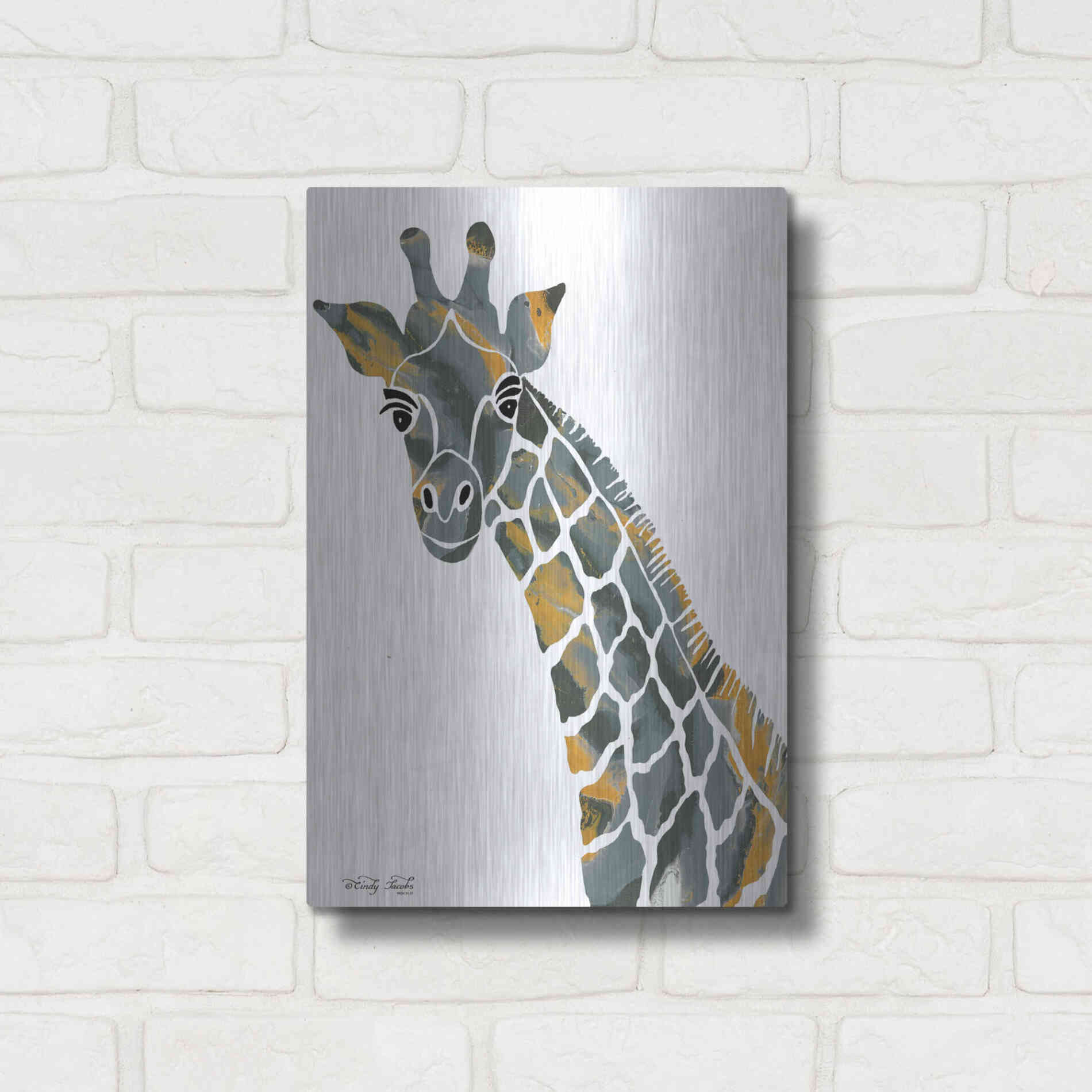 Luxe Metal Art 'Bright Giraffe II' by Cindy Jacobs, Metal Wall Art,12x16