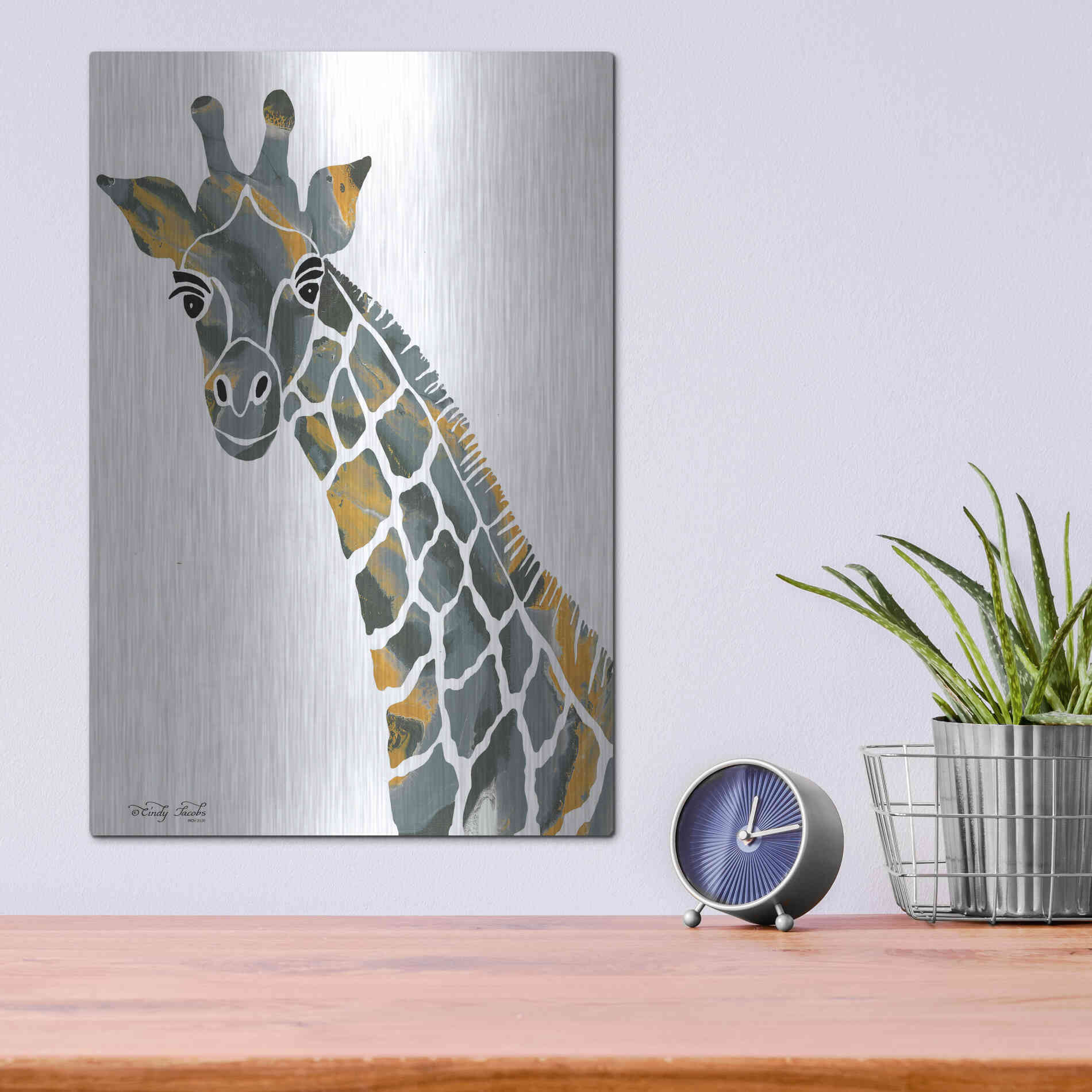 Luxe Metal Art 'Bright Giraffe II' by Cindy Jacobs, Metal Wall Art,12x16