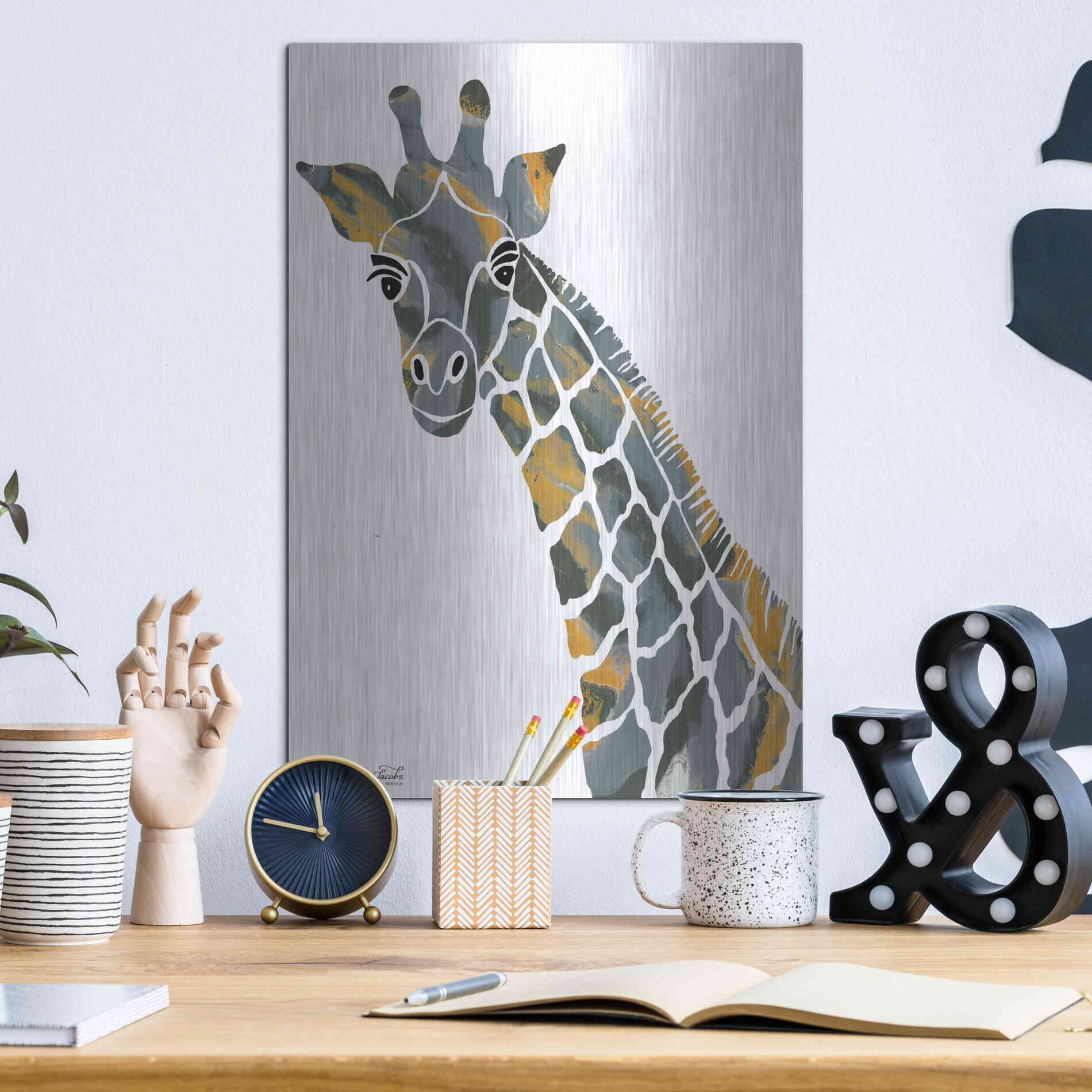 Luxe Metal Art 'Bright Giraffe II' by Cindy Jacobs, Metal Wall Art,12x16