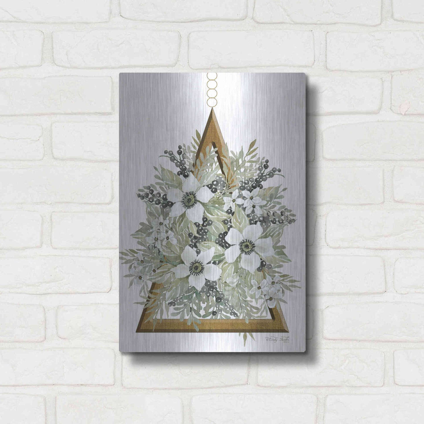 Luxe Metal Art 'Geometric Triangle Muted Floral I' by Cindy Jacobs, Metal Wall Art,12x16