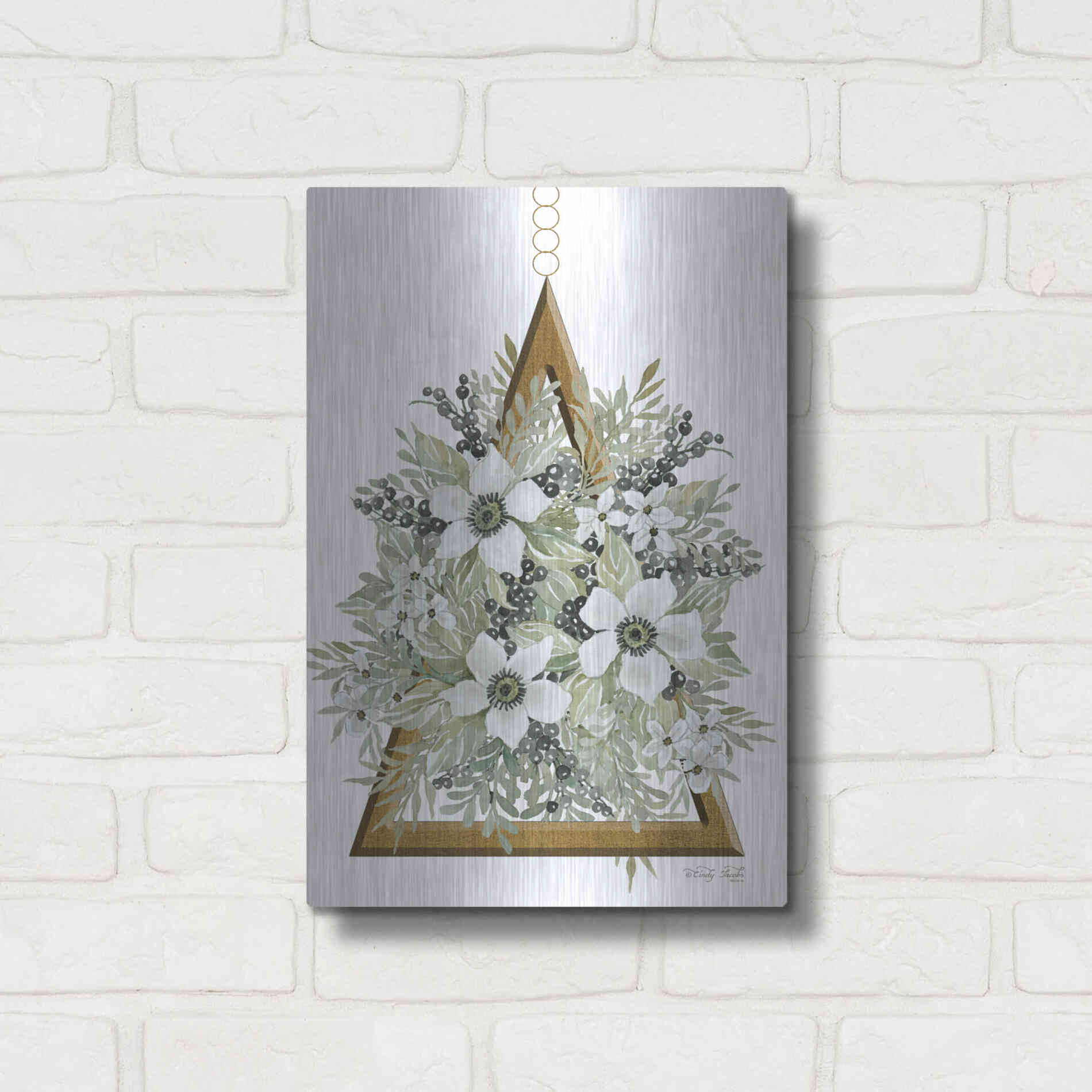 Luxe Metal Art 'Geometric Triangle Muted Floral I' by Cindy Jacobs, Metal Wall Art,12x16