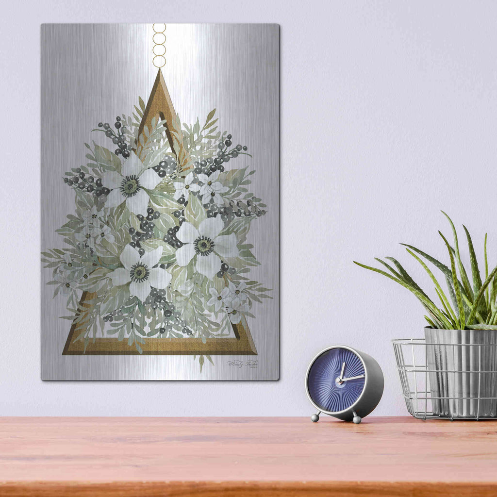 Luxe Metal Art 'Geometric Triangle Muted Floral I' by Cindy Jacobs, Metal Wall Art,12x16