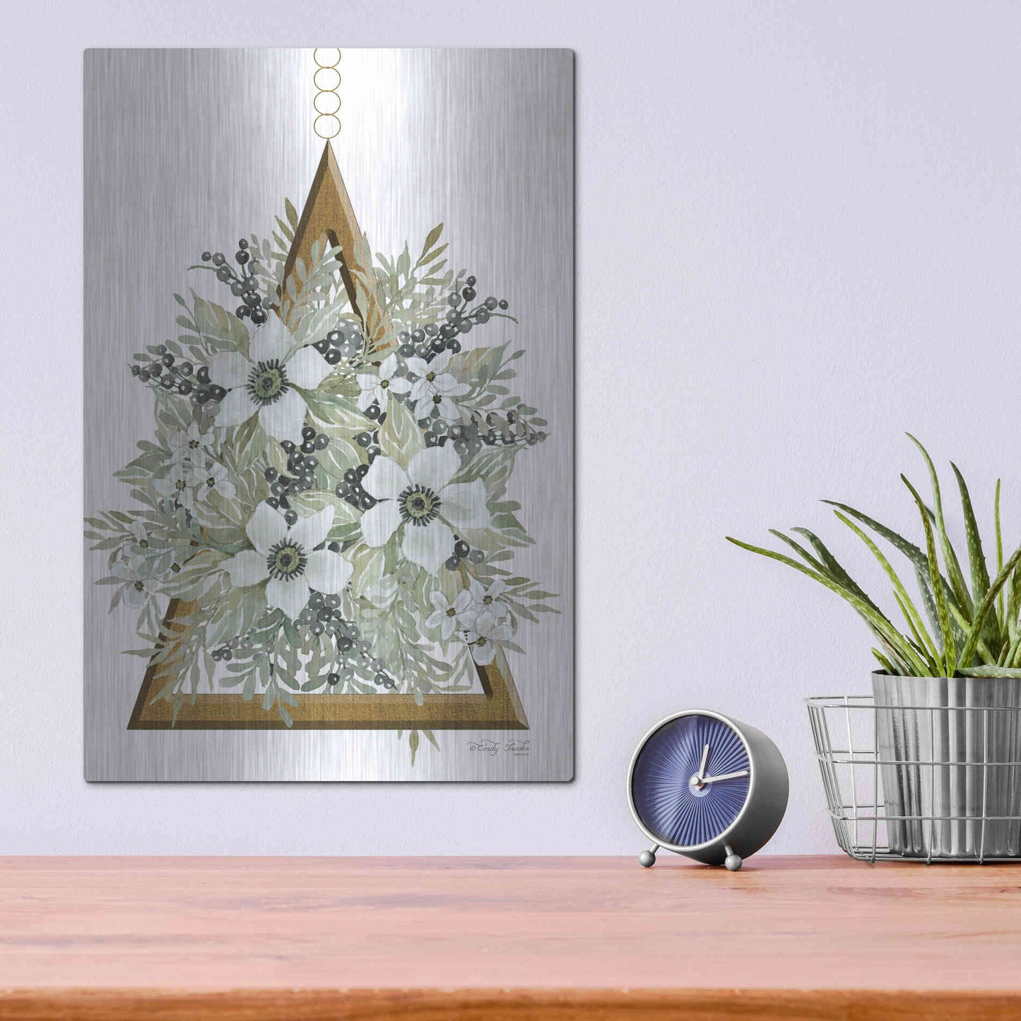 Luxe Metal Art 'Geometric Triangle Muted Floral I' by Cindy Jacobs, Metal Wall Art,12x16