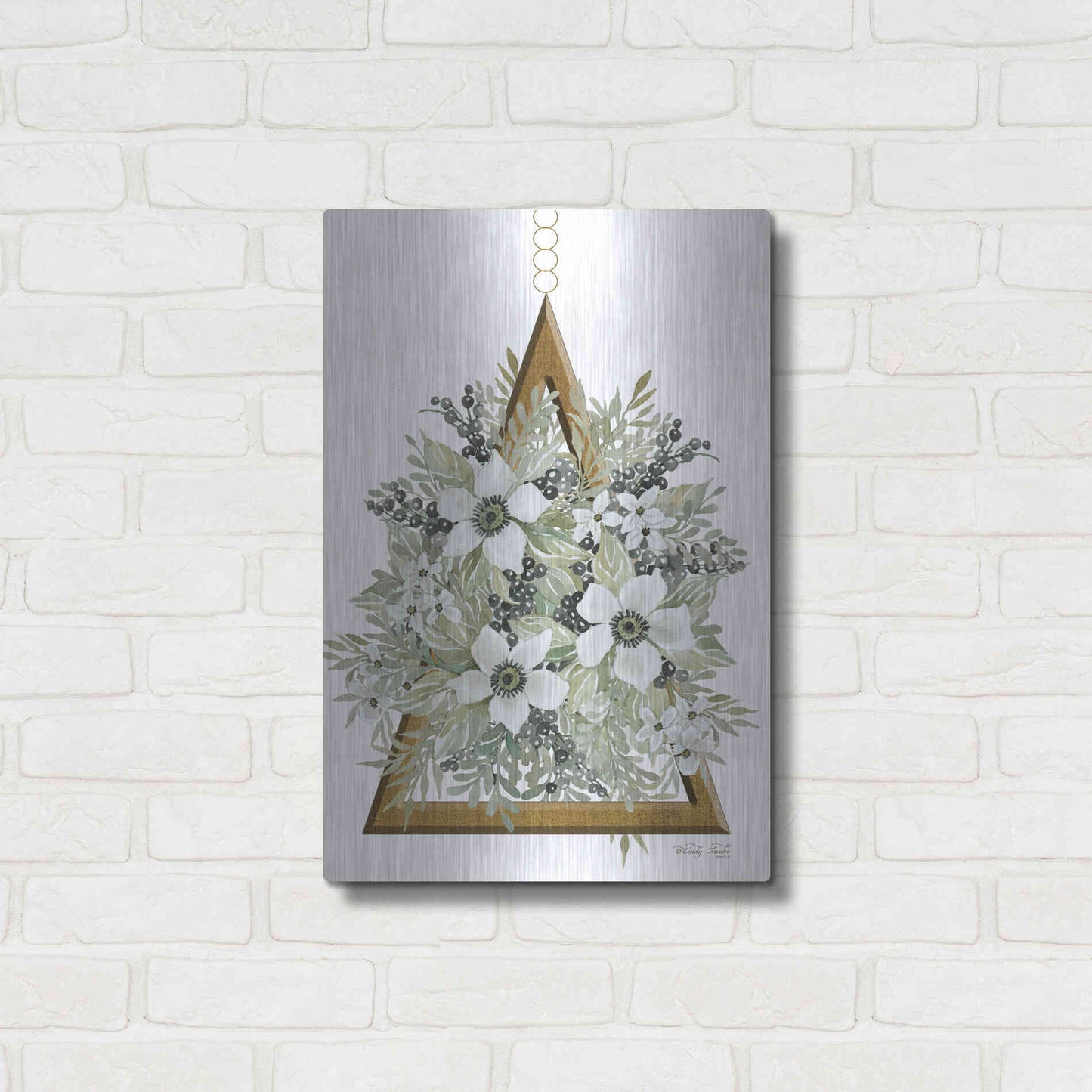 Luxe Metal Art 'Geometric Triangle Muted Floral I' by Cindy Jacobs, Metal Wall Art,16x24