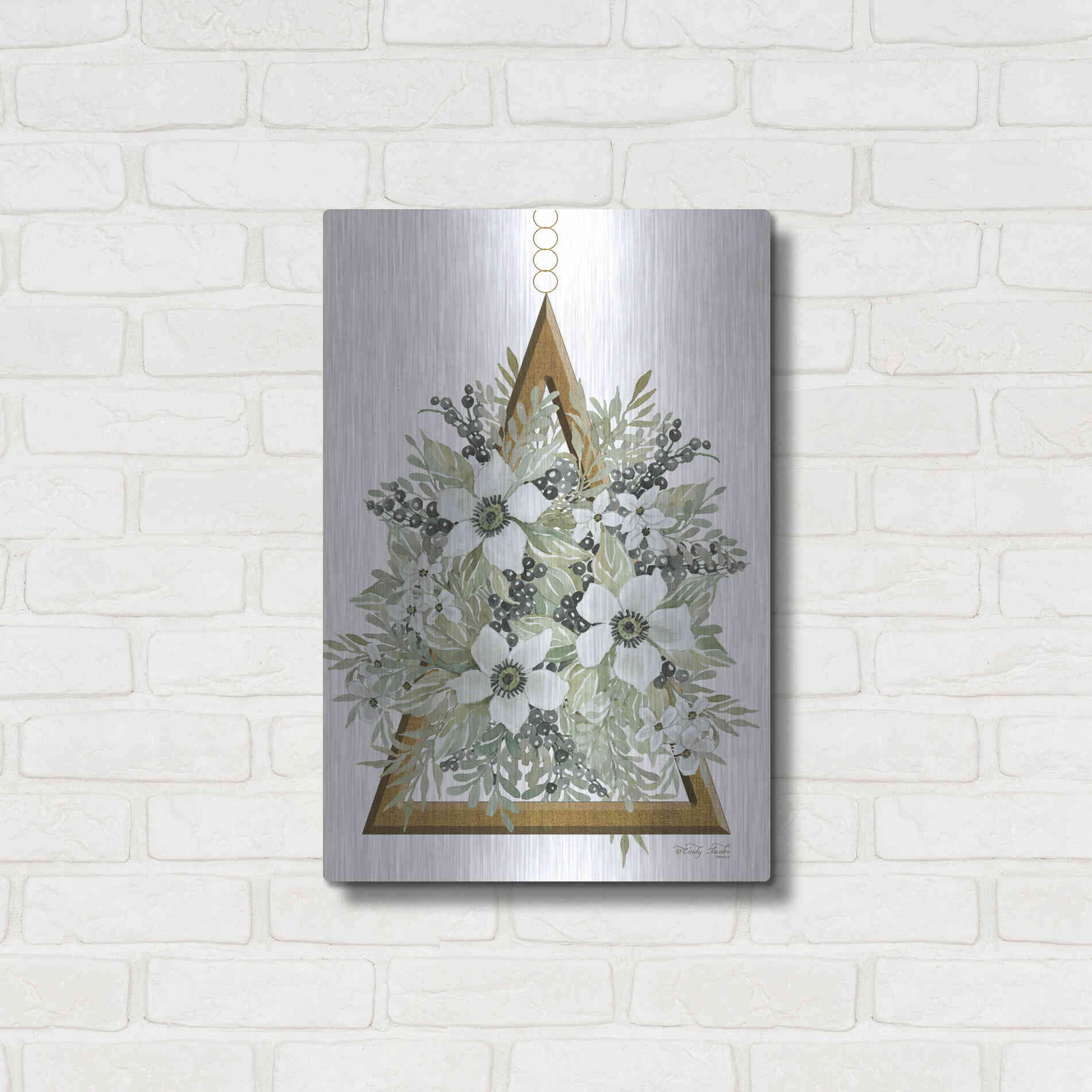 Luxe Metal Art 'Geometric Triangle Muted Floral I' by Cindy Jacobs, Metal Wall Art,16x24