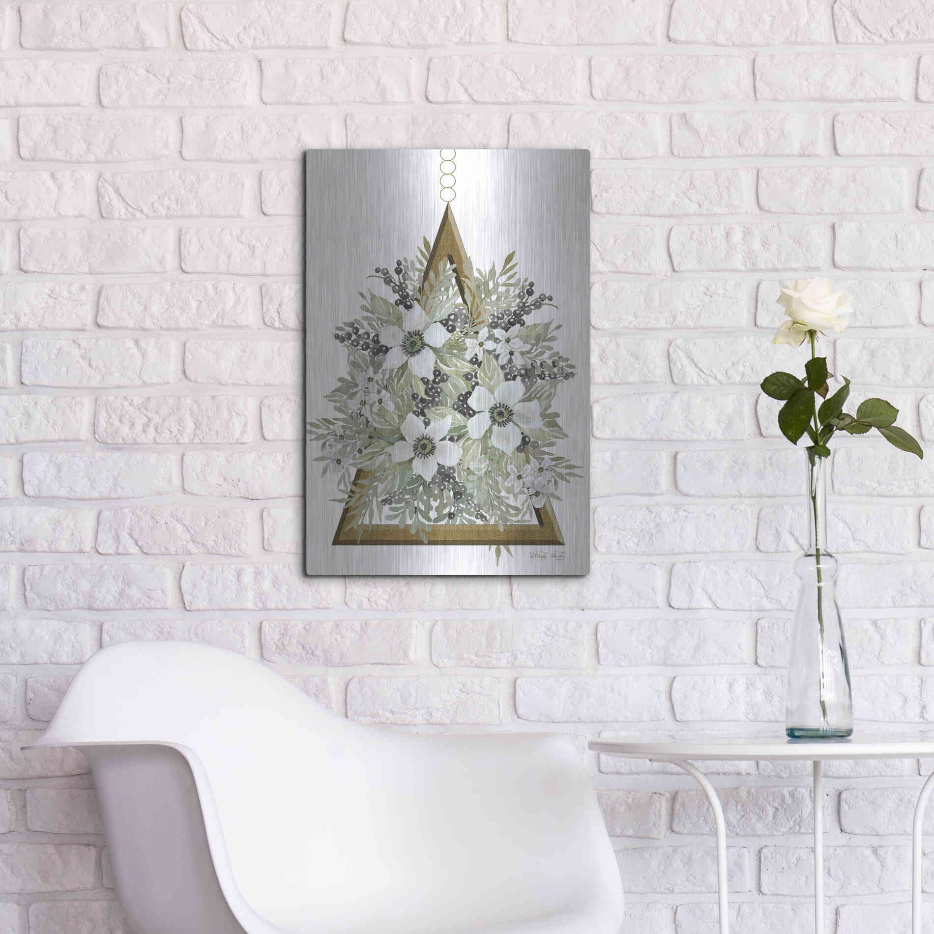 Luxe Metal Art 'Geometric Triangle Muted Floral I' by Cindy Jacobs, Metal Wall Art,16x24