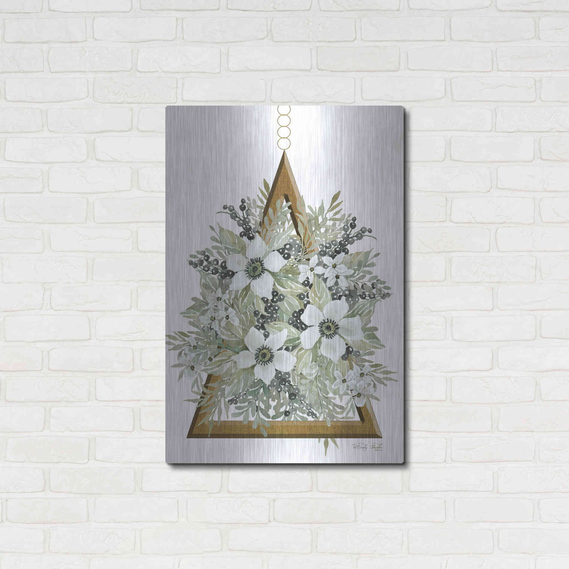 Luxe Metal Art 'Geometric Triangle Muted Floral I' by Cindy Jacobs, Metal Wall Art,24x36