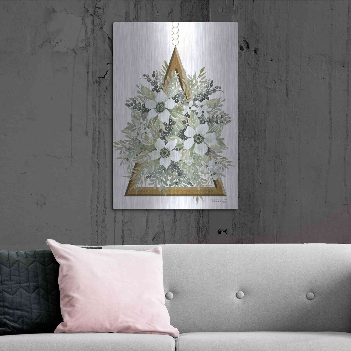 Luxe Metal Art 'Geometric Triangle Muted Floral I' by Cindy Jacobs, Metal Wall Art,24x36