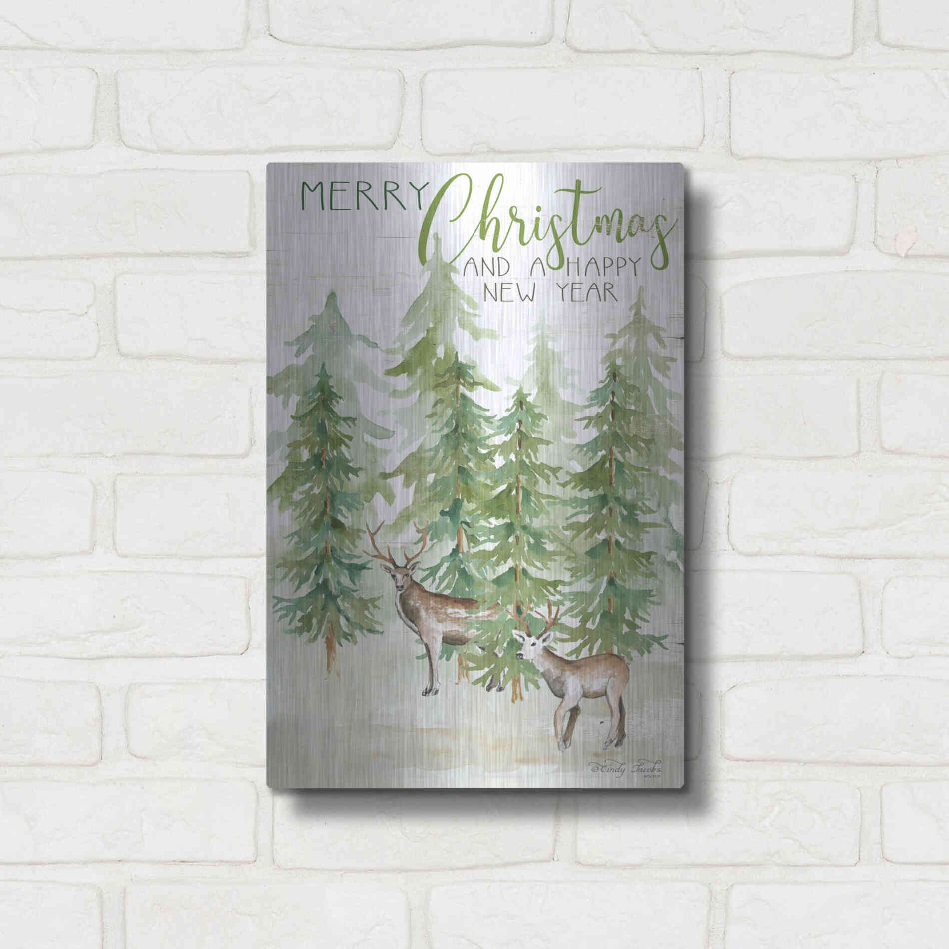 Luxe Metal Art 'Merry Christmas & Happy New Year Deer' by Cindy Jacobs, Metal Wall Art,12x16