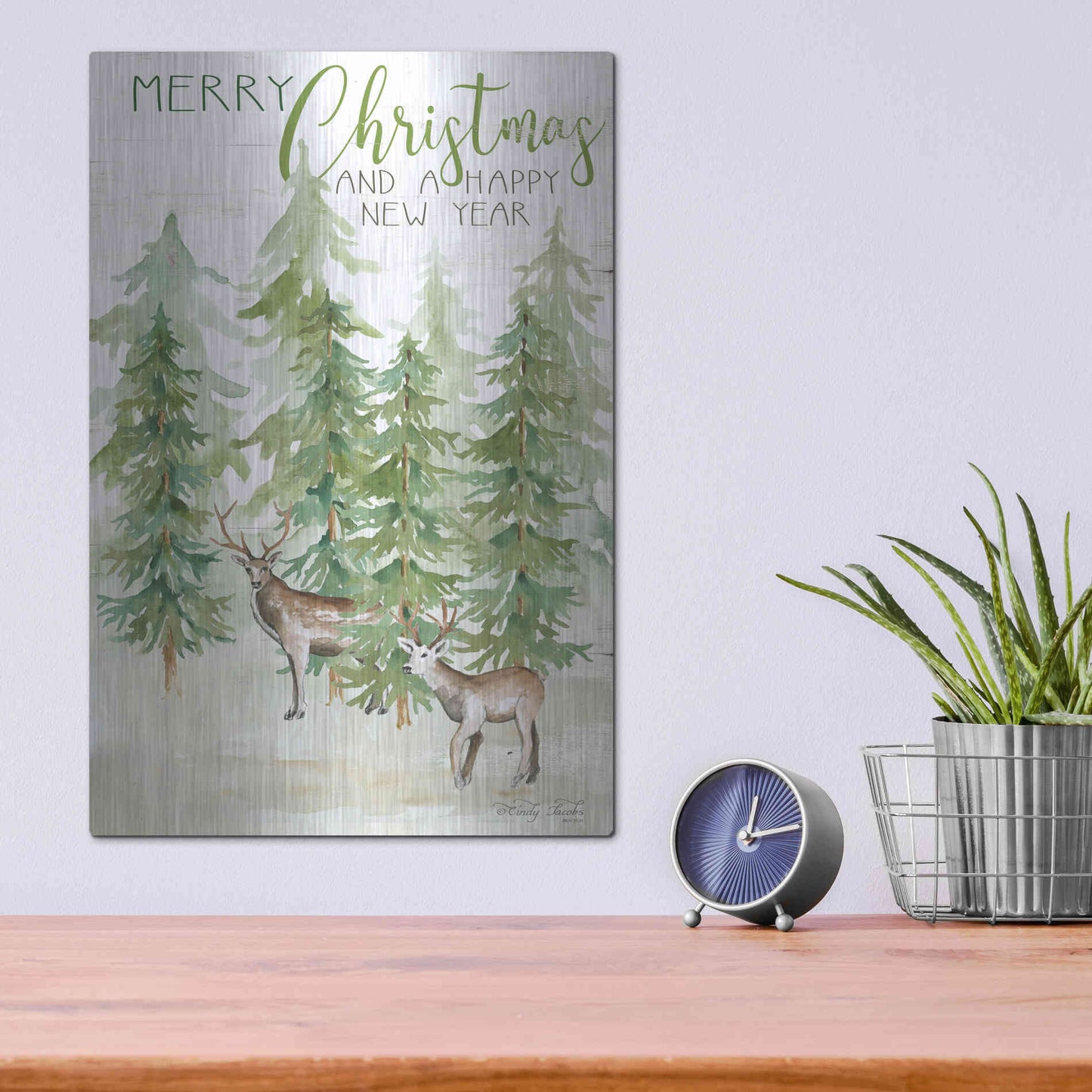 Luxe Metal Art 'Merry Christmas & Happy New Year Deer' by Cindy Jacobs, Metal Wall Art,12x16