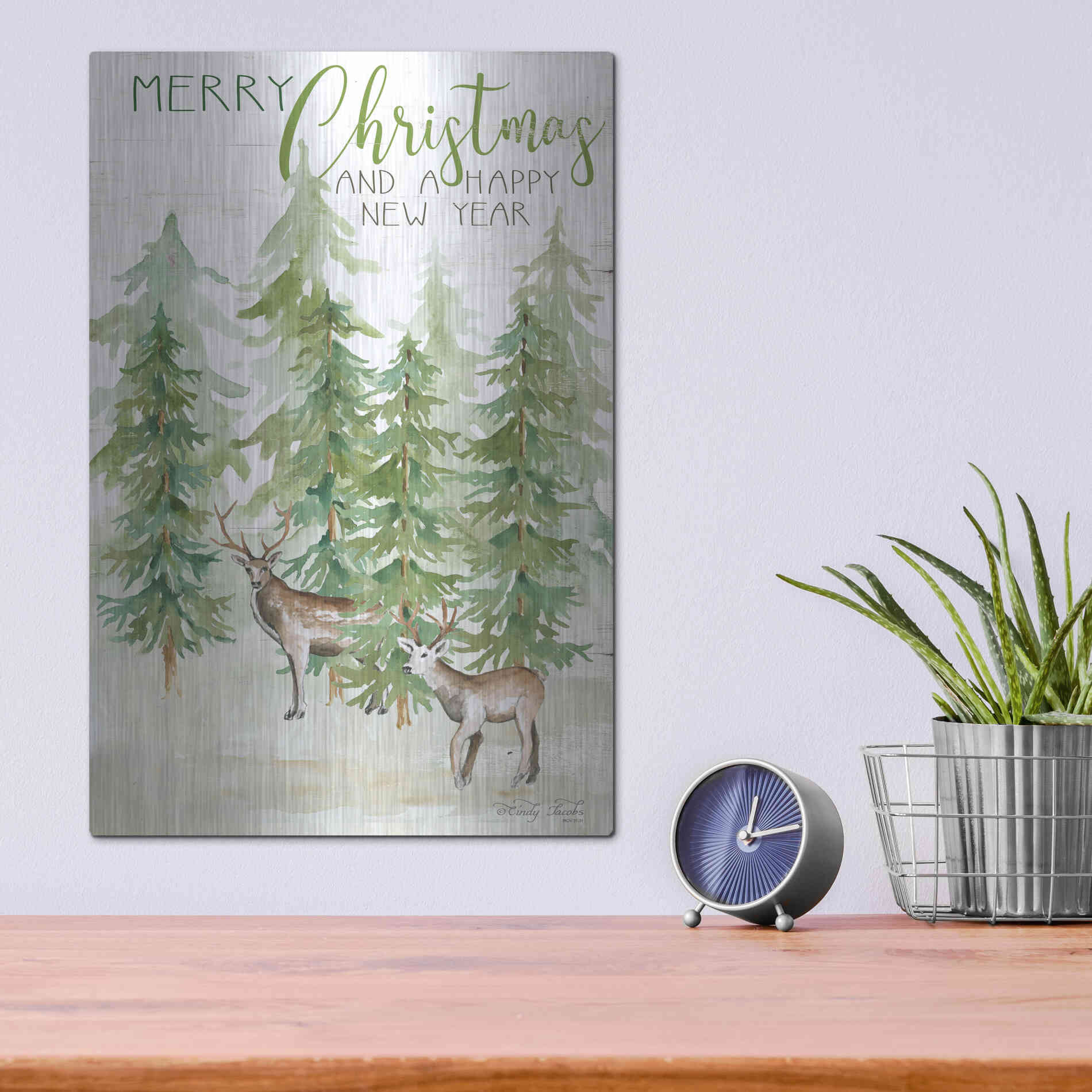 Luxe Metal Art 'Merry Christmas & Happy New Year Deer' by Cindy Jacobs, Metal Wall Art,12x16