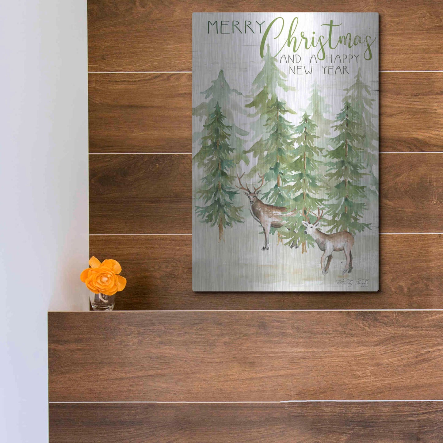 Luxe Metal Art 'Merry Christmas & Happy New Year Deer' by Cindy Jacobs, Metal Wall Art,12x16