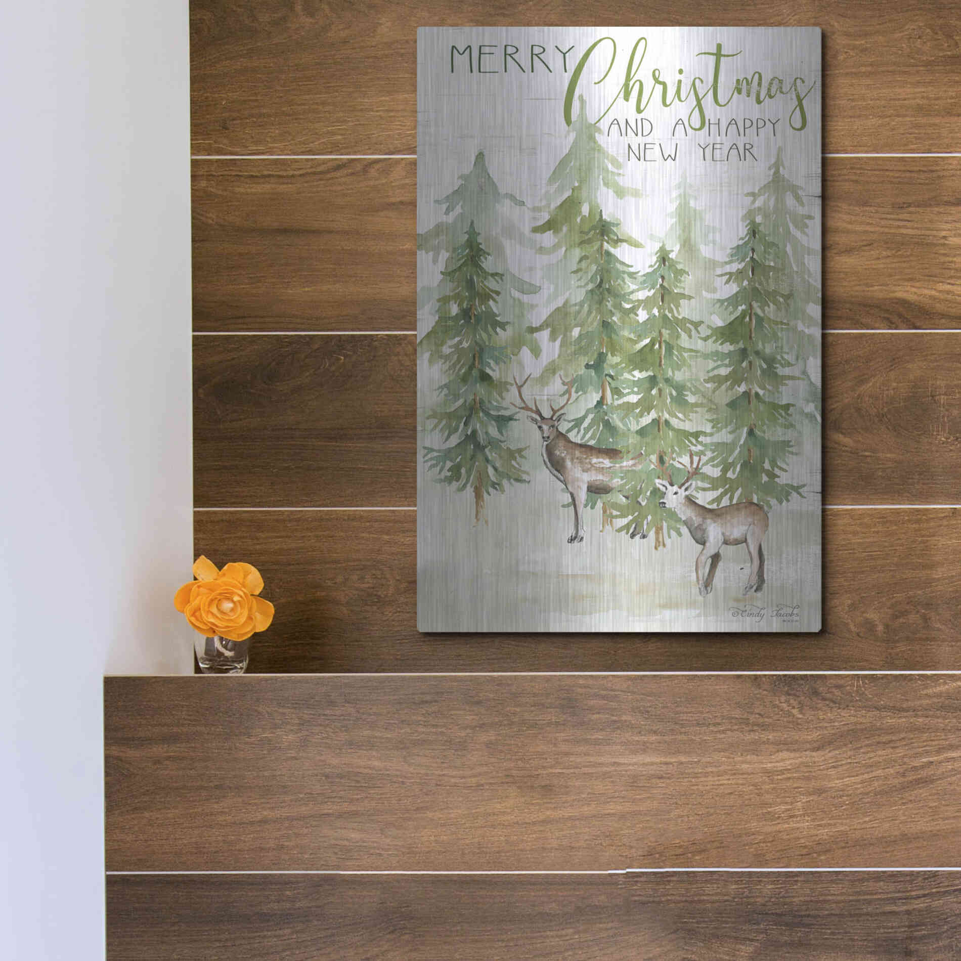 Luxe Metal Art 'Merry Christmas & Happy New Year Deer' by Cindy Jacobs, Metal Wall Art,12x16