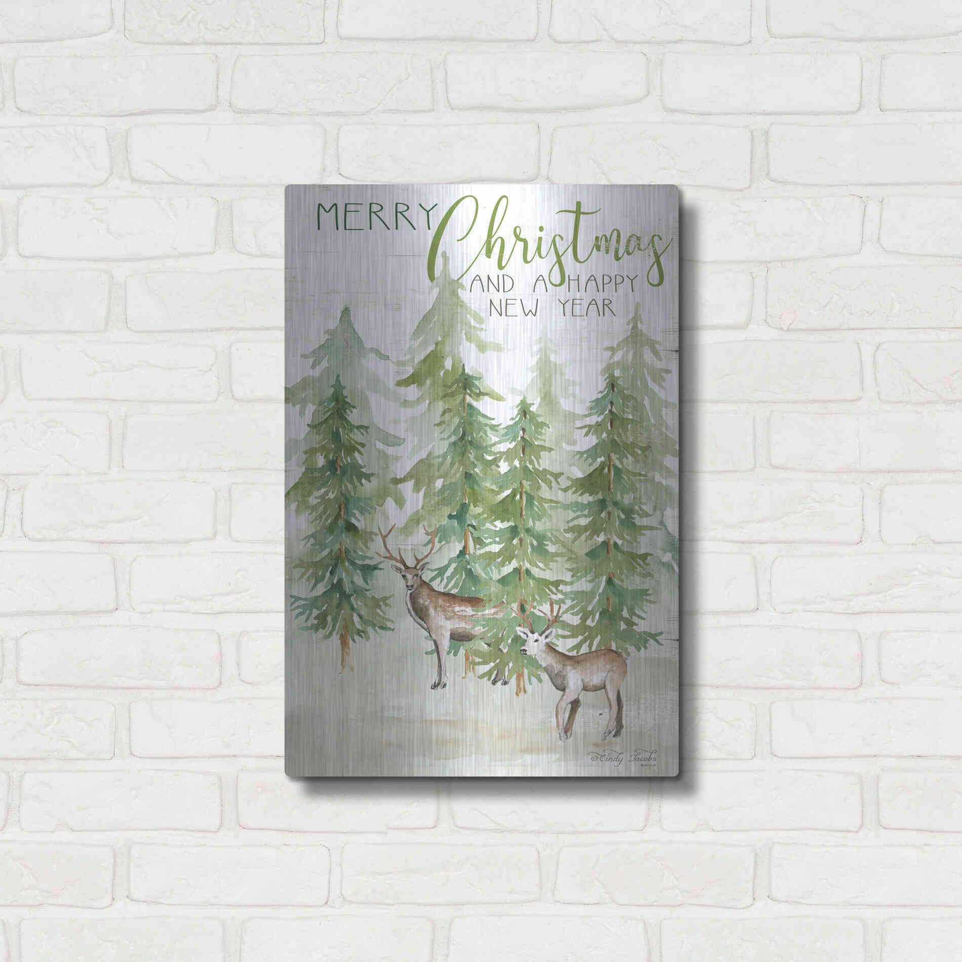 Luxe Metal Art 'Merry Christmas & Happy New Year Deer' by Cindy Jacobs, Metal Wall Art,16x24