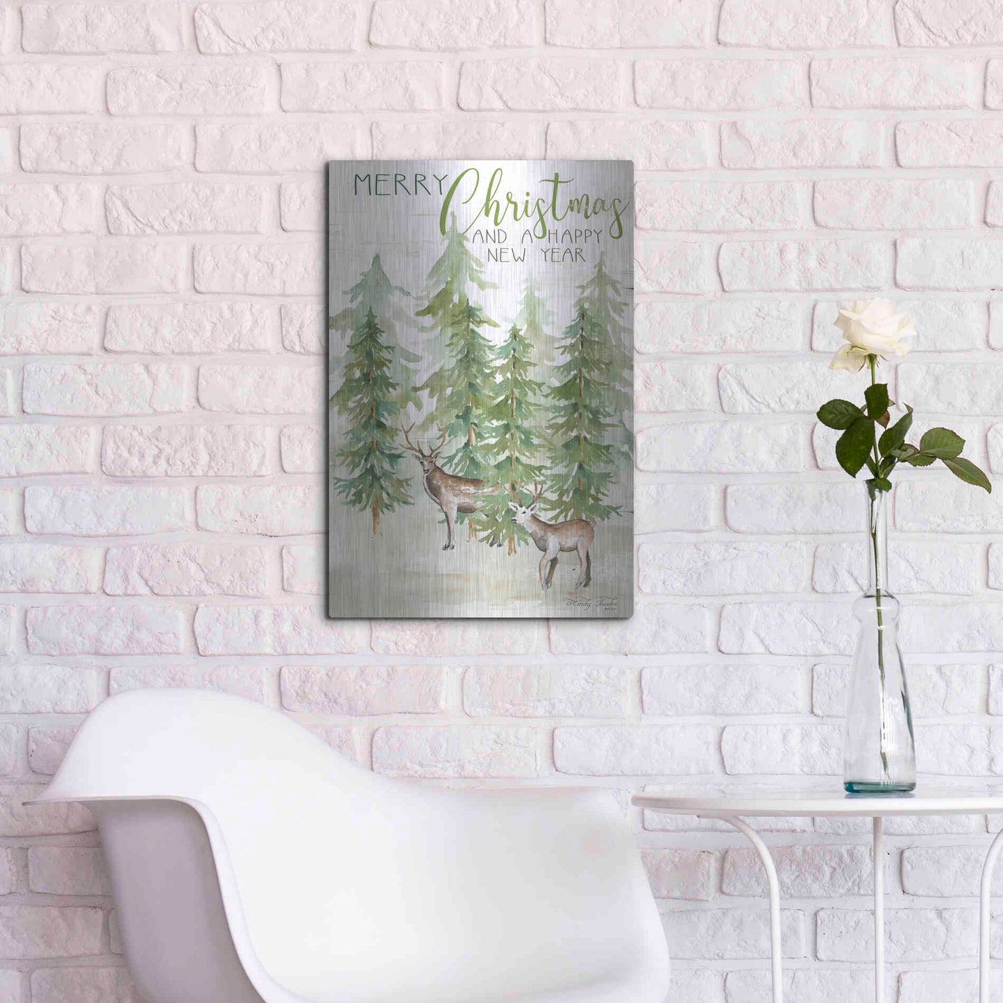 Luxe Metal Art 'Merry Christmas & Happy New Year Deer' by Cindy Jacobs, Metal Wall Art,16x24