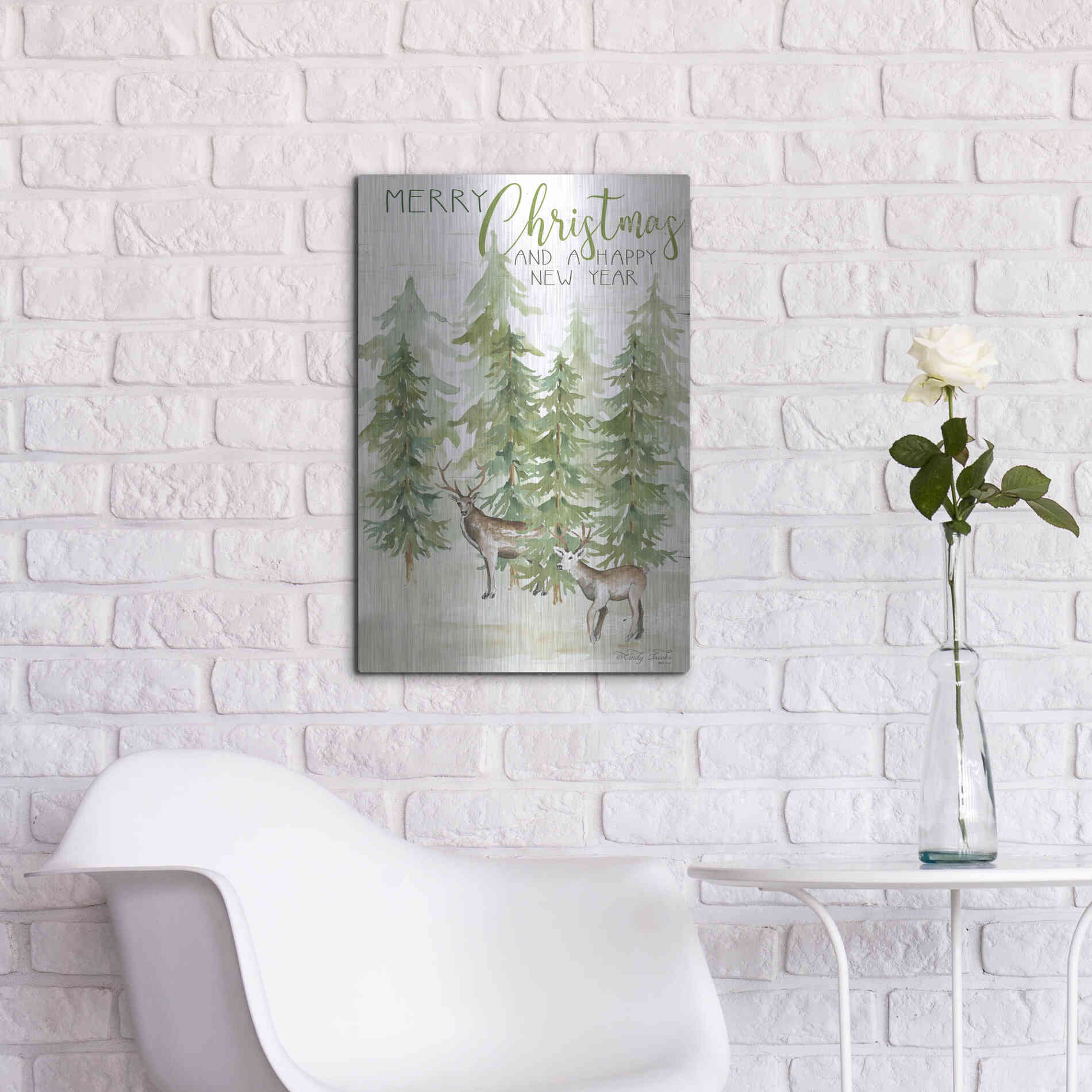 Luxe Metal Art 'Merry Christmas & Happy New Year Deer' by Cindy Jacobs, Metal Wall Art,16x24