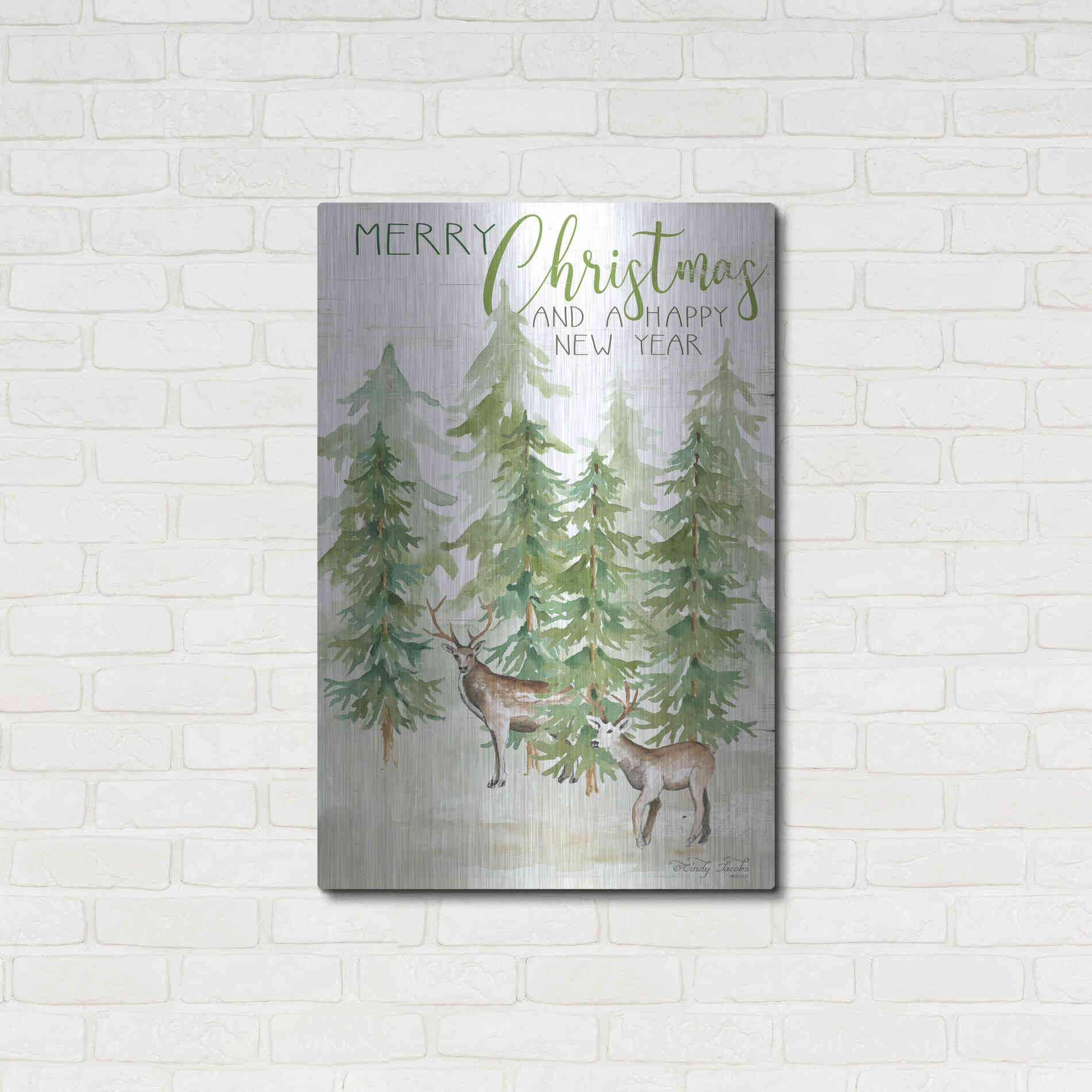 Luxe Metal Art 'Merry Christmas & Happy New Year Deer' by Cindy Jacobs, Metal Wall Art,24x36