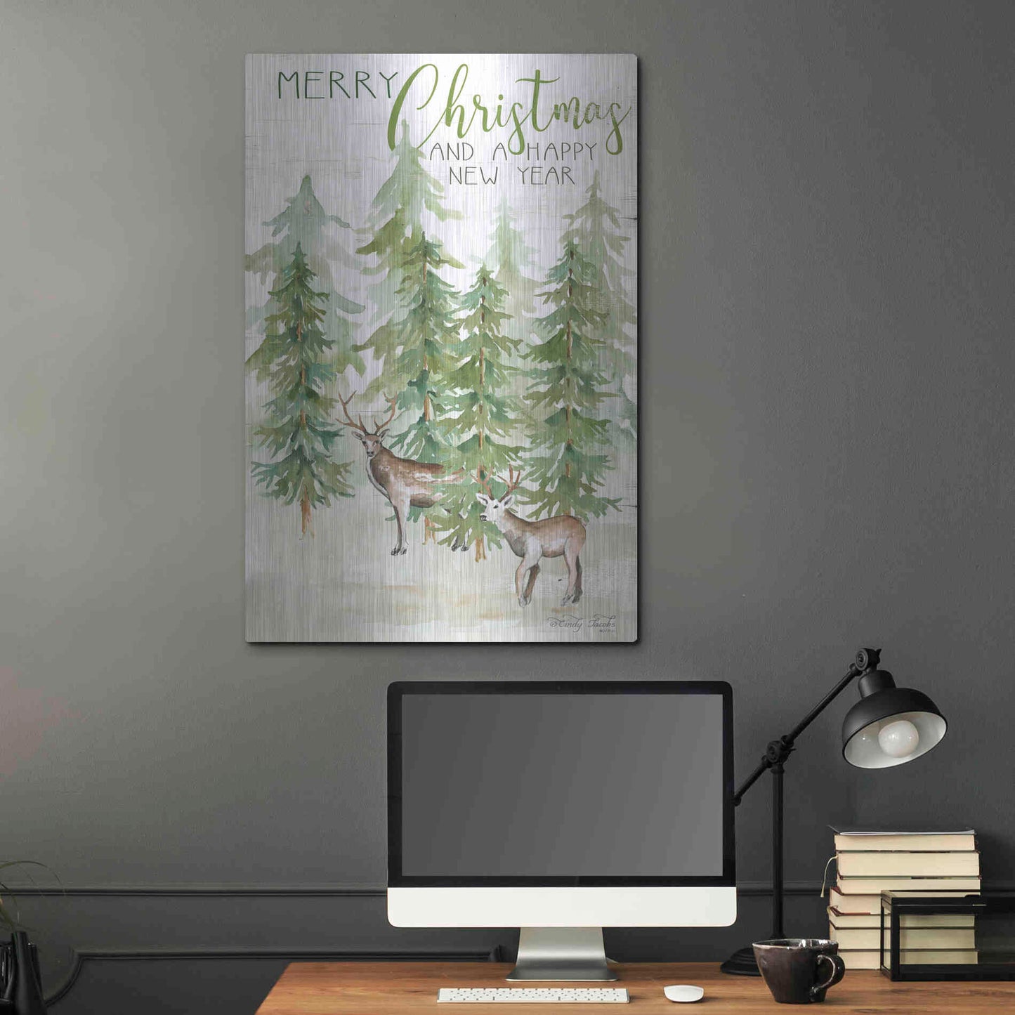 Luxe Metal Art 'Merry Christmas & Happy New Year Deer' by Cindy Jacobs, Metal Wall Art,24x36