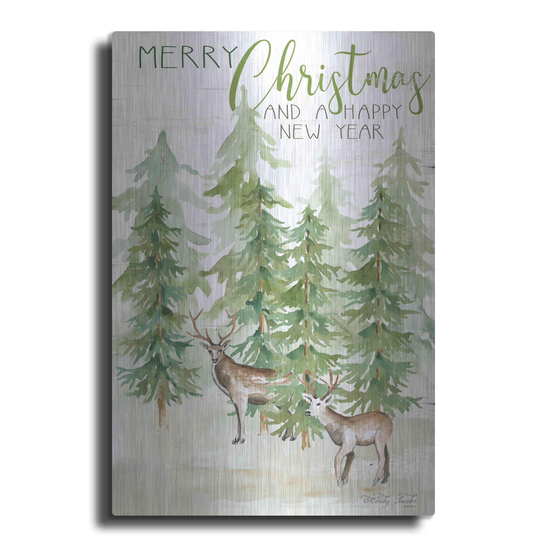 Luxe Metal Art 'Merry Christmas & Happy New Year Deer' by Cindy Jacobs, Metal Wall Art