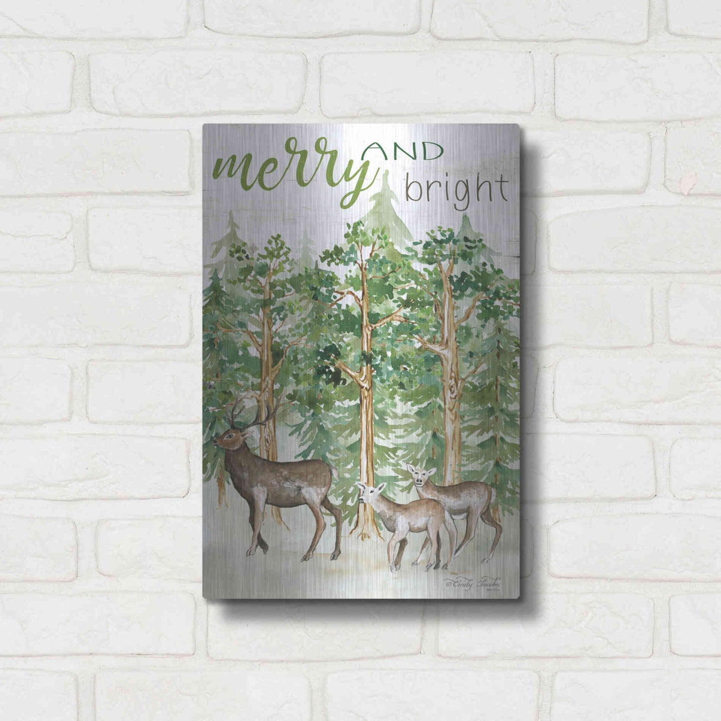 Luxe Metal Art 'Merry & Bright Deer' by Cindy Jacobs, Metal Wall Art,12x16