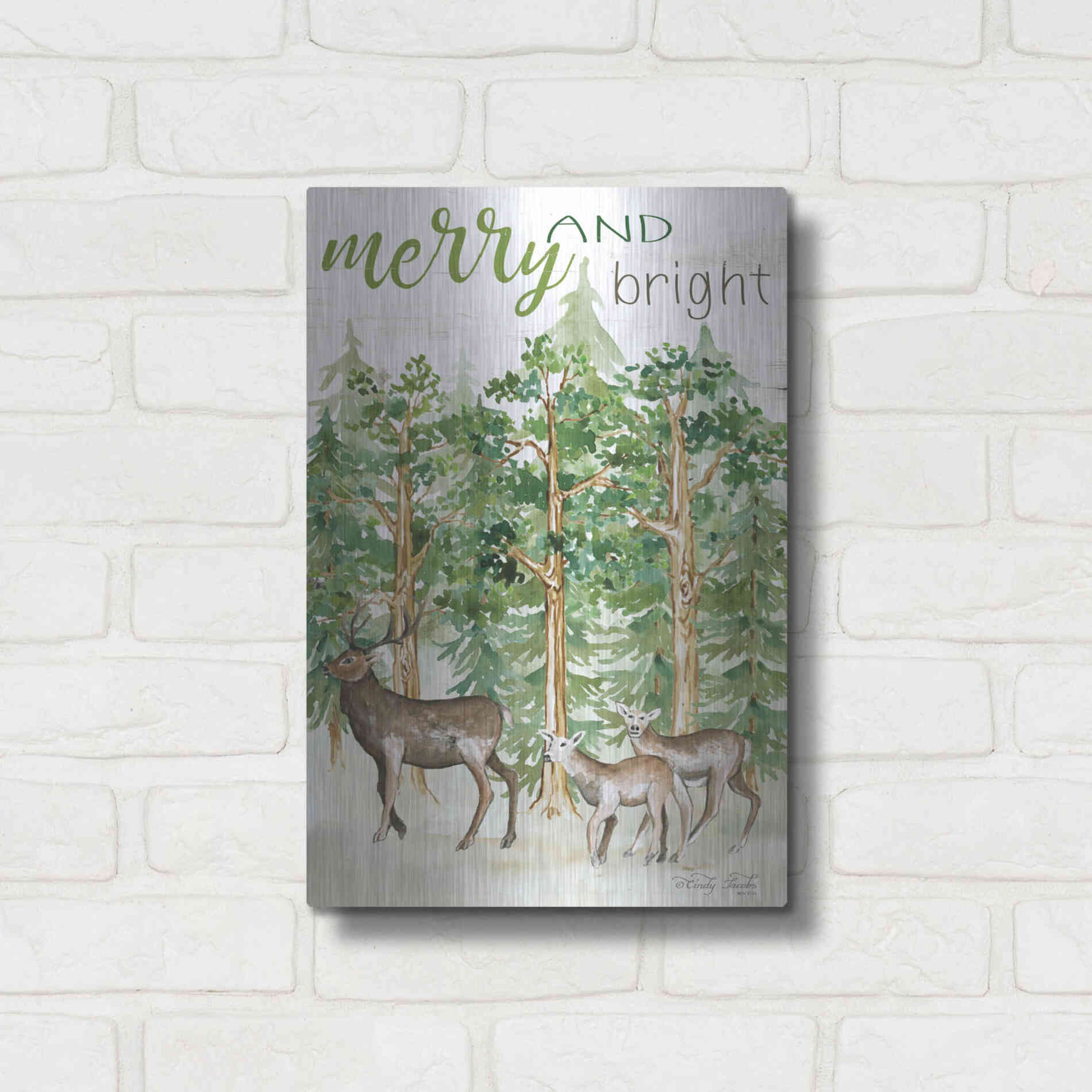 Luxe Metal Art 'Merry & Bright Deer' by Cindy Jacobs, Metal Wall Art,12x16