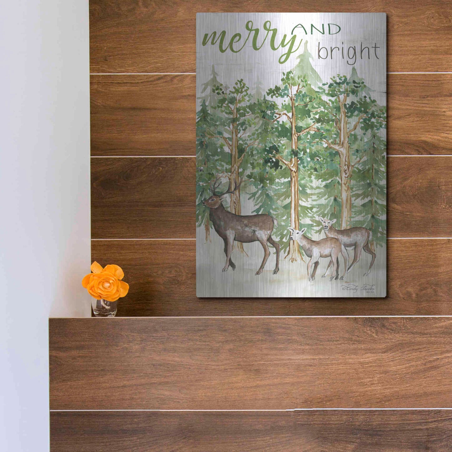 Luxe Metal Art 'Merry & Bright Deer' by Cindy Jacobs, Metal Wall Art,12x16