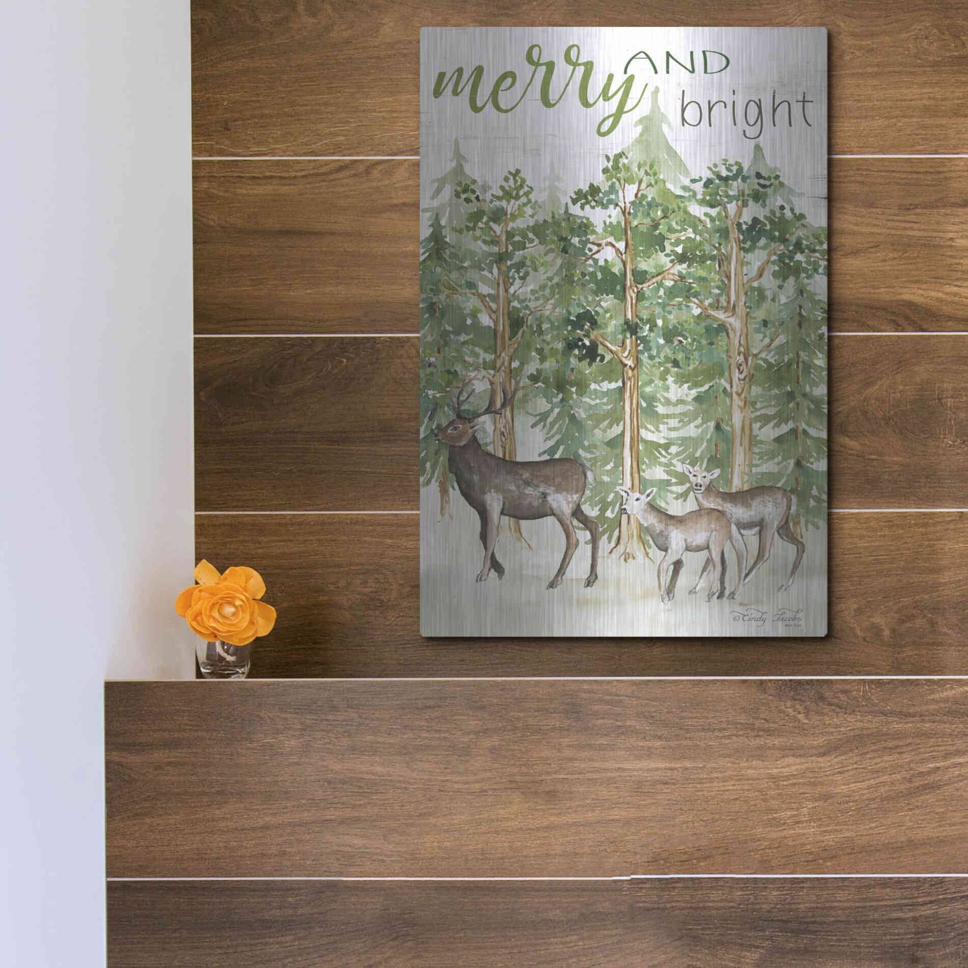 Luxe Metal Art 'Merry & Bright Deer' by Cindy Jacobs, Metal Wall Art,12x16