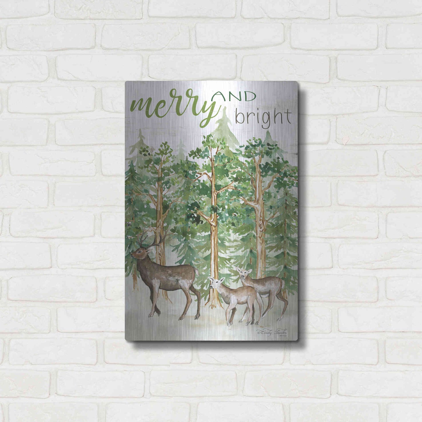 Luxe Metal Art 'Merry & Bright Deer' by Cindy Jacobs, Metal Wall Art,16x24