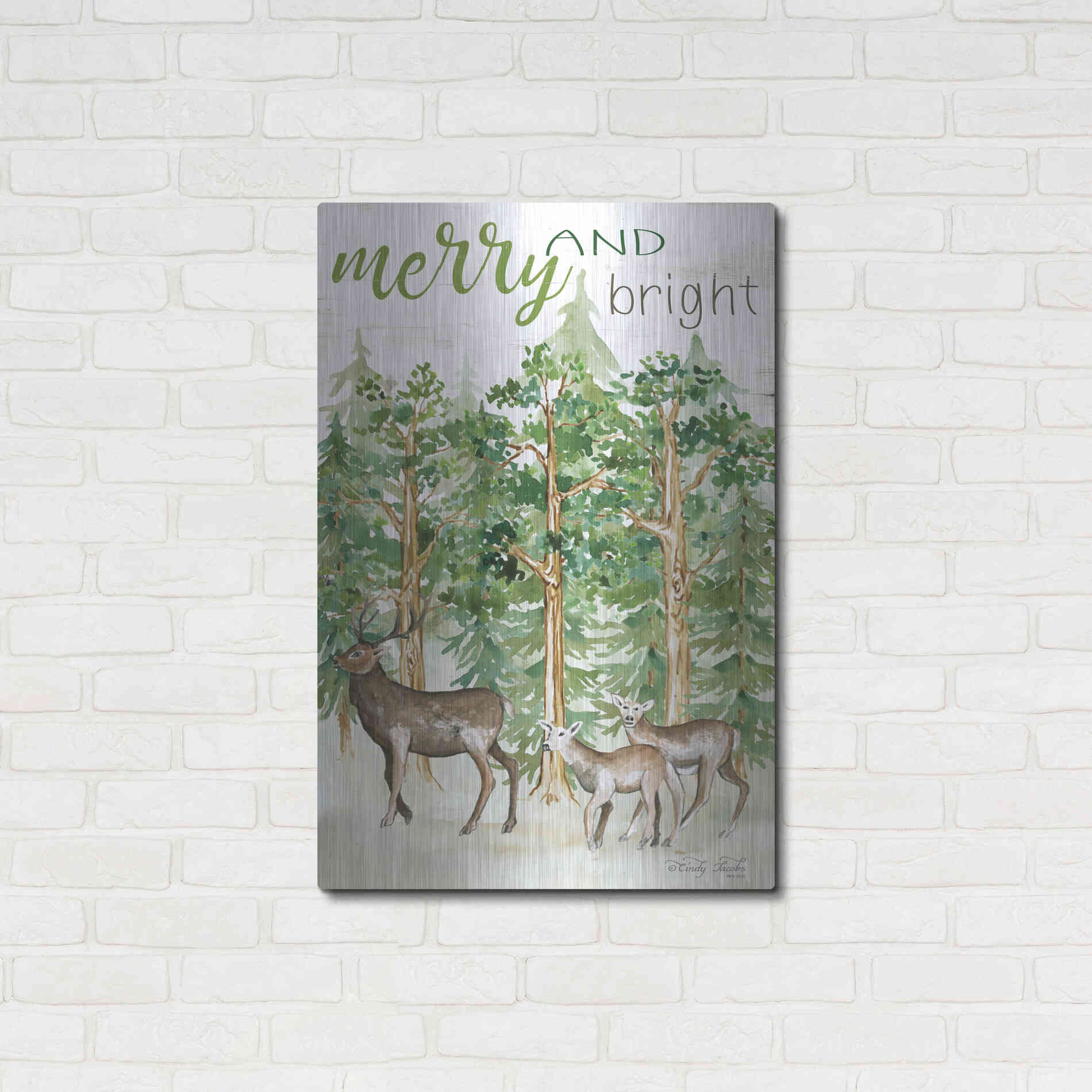 Luxe Metal Art 'Merry & Bright Deer' by Cindy Jacobs, Metal Wall Art,24x36