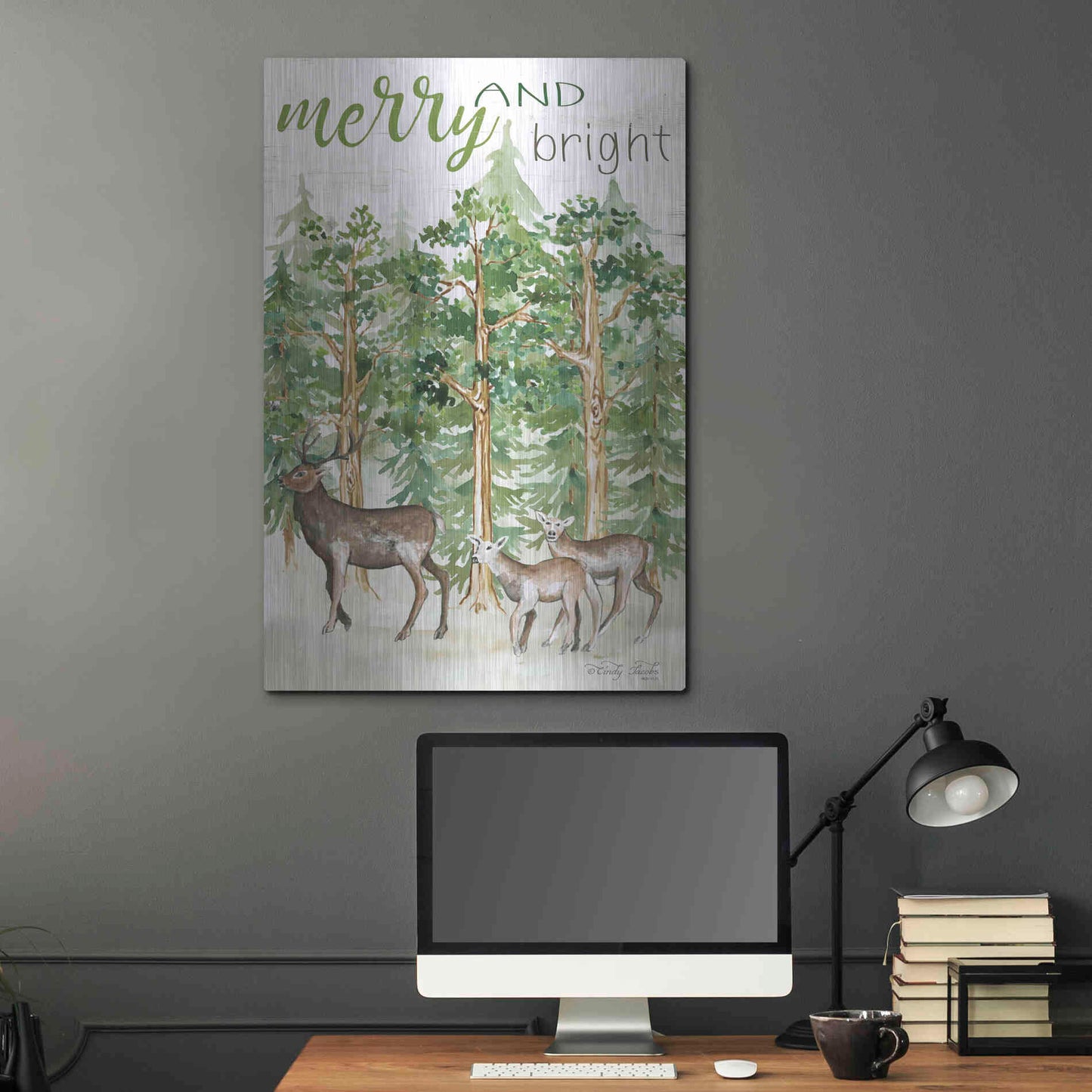 Luxe Metal Art 'Merry & Bright Deer' by Cindy Jacobs, Metal Wall Art,24x36