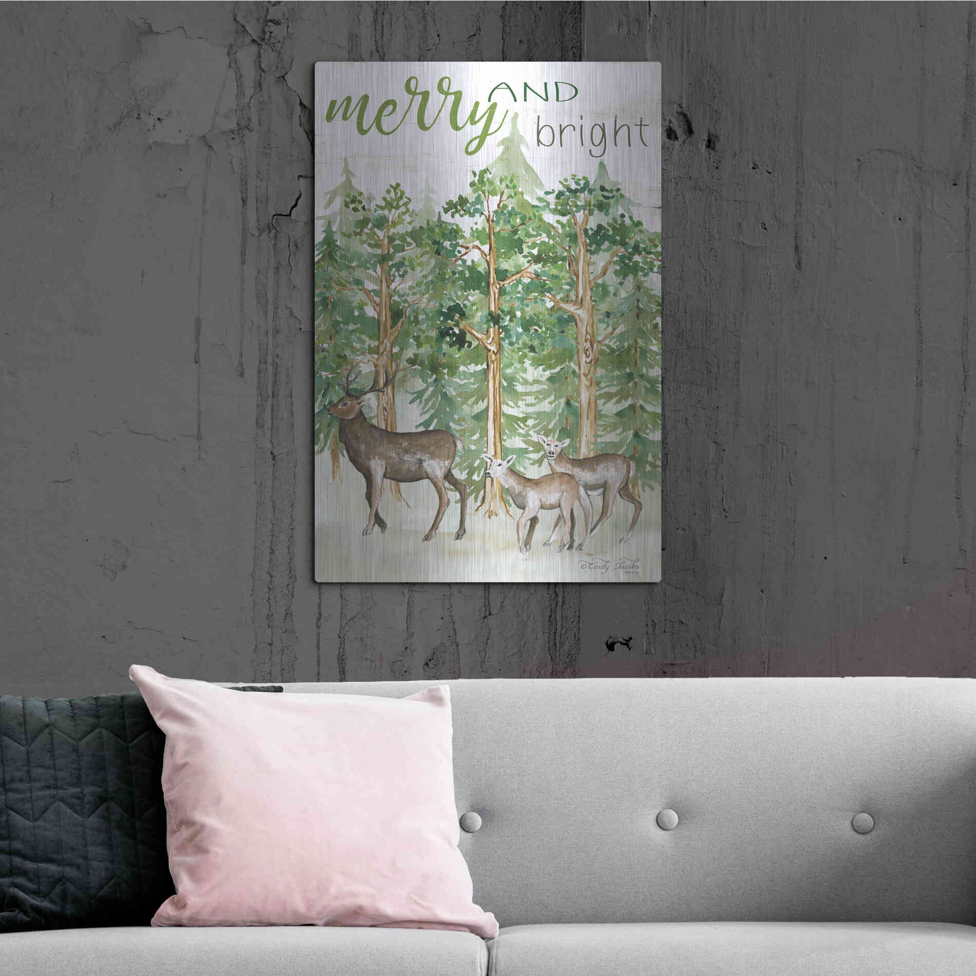 Luxe Metal Art 'Merry & Bright Deer' by Cindy Jacobs, Metal Wall Art,24x36